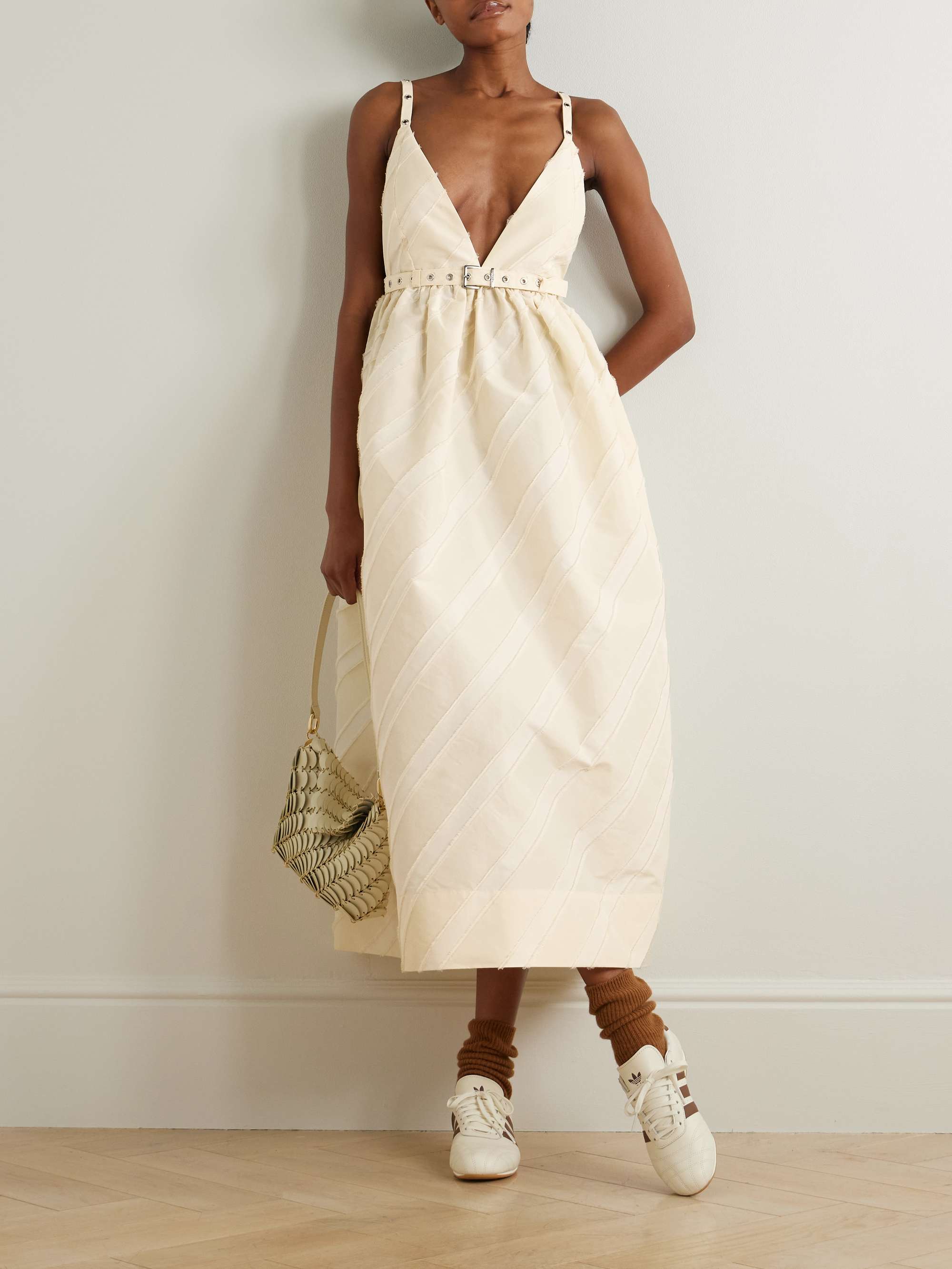 Belted eyelet-embellished striped taffeta midi dress view