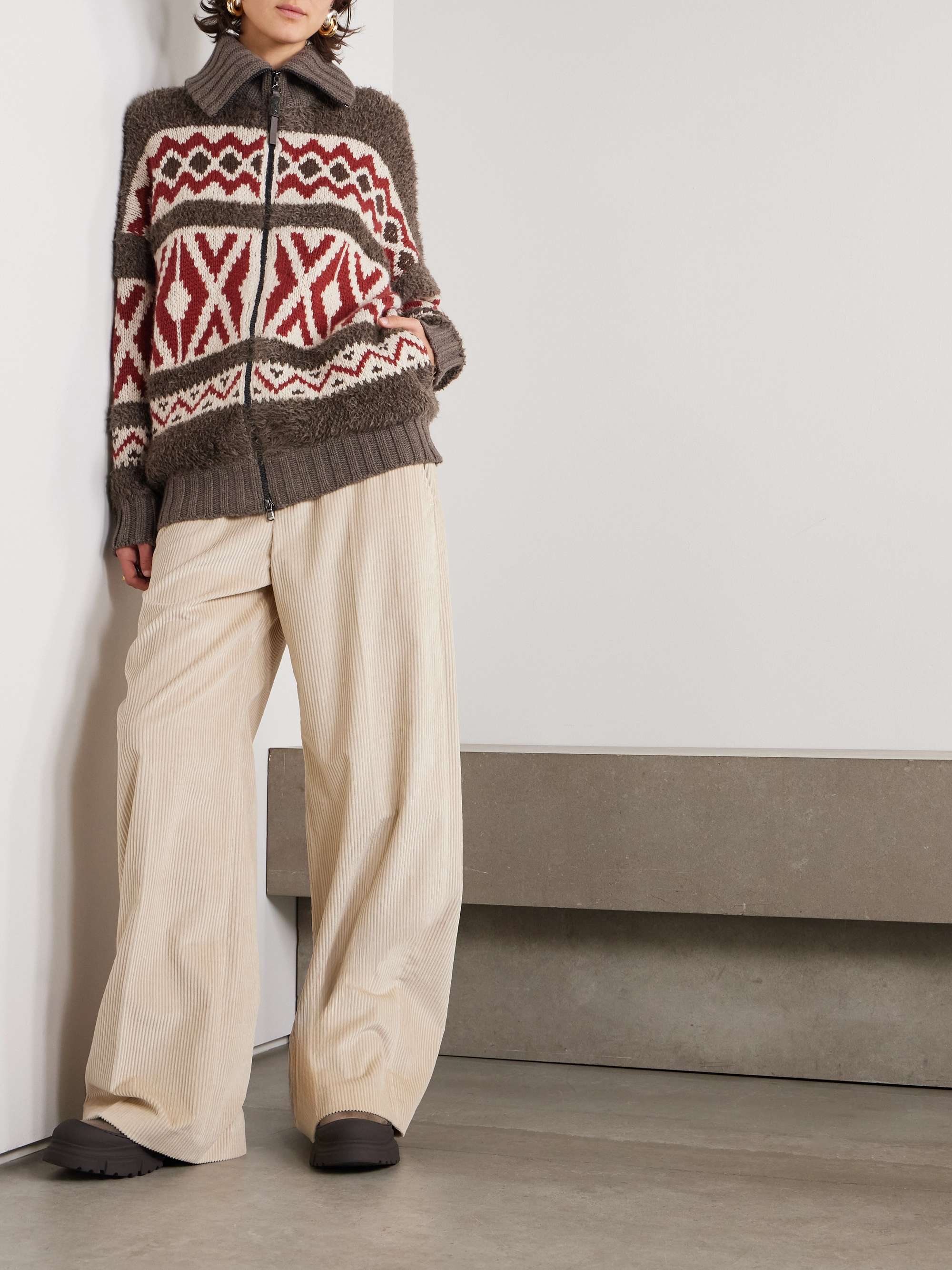 Oversized intarsia cashmere zip-up cardigan view