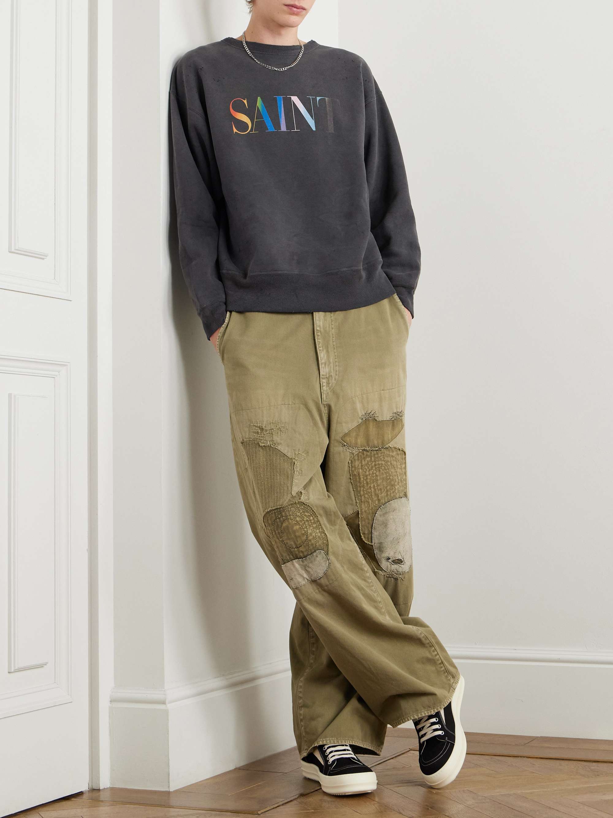 Logo-Print Distressed Cotton-Jersey Sweatshirt view