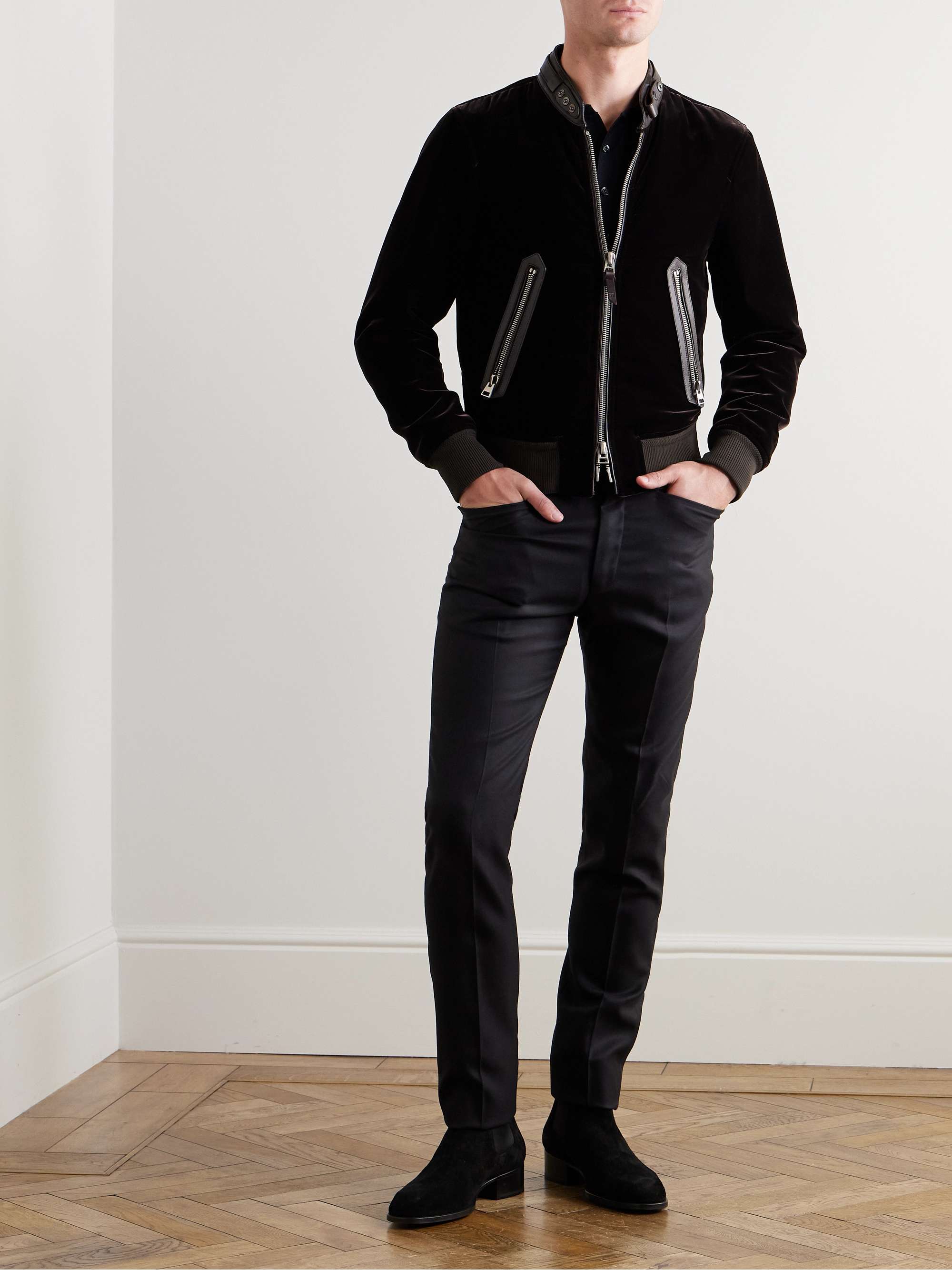 Full-Grain Leather-Trimmed Velvet Bomber Jacket view