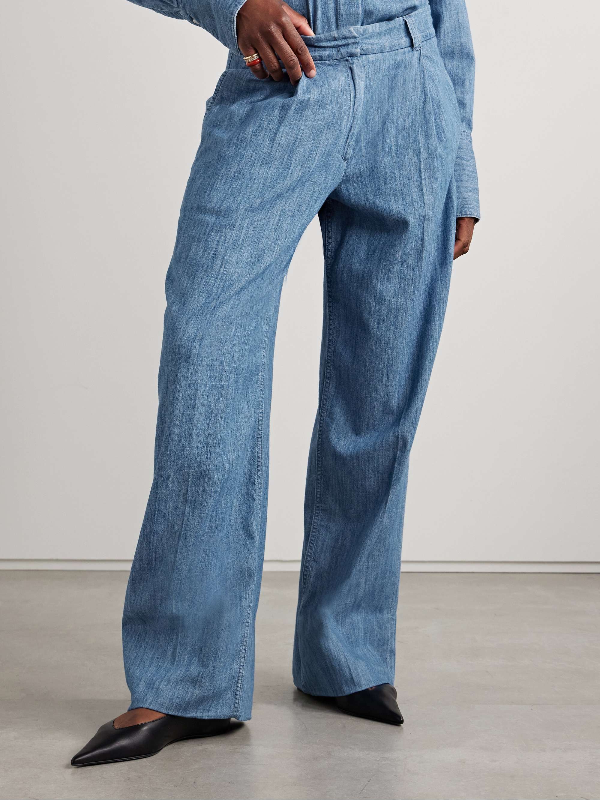 Pleated organic cotton-chambray wide-leg pants view