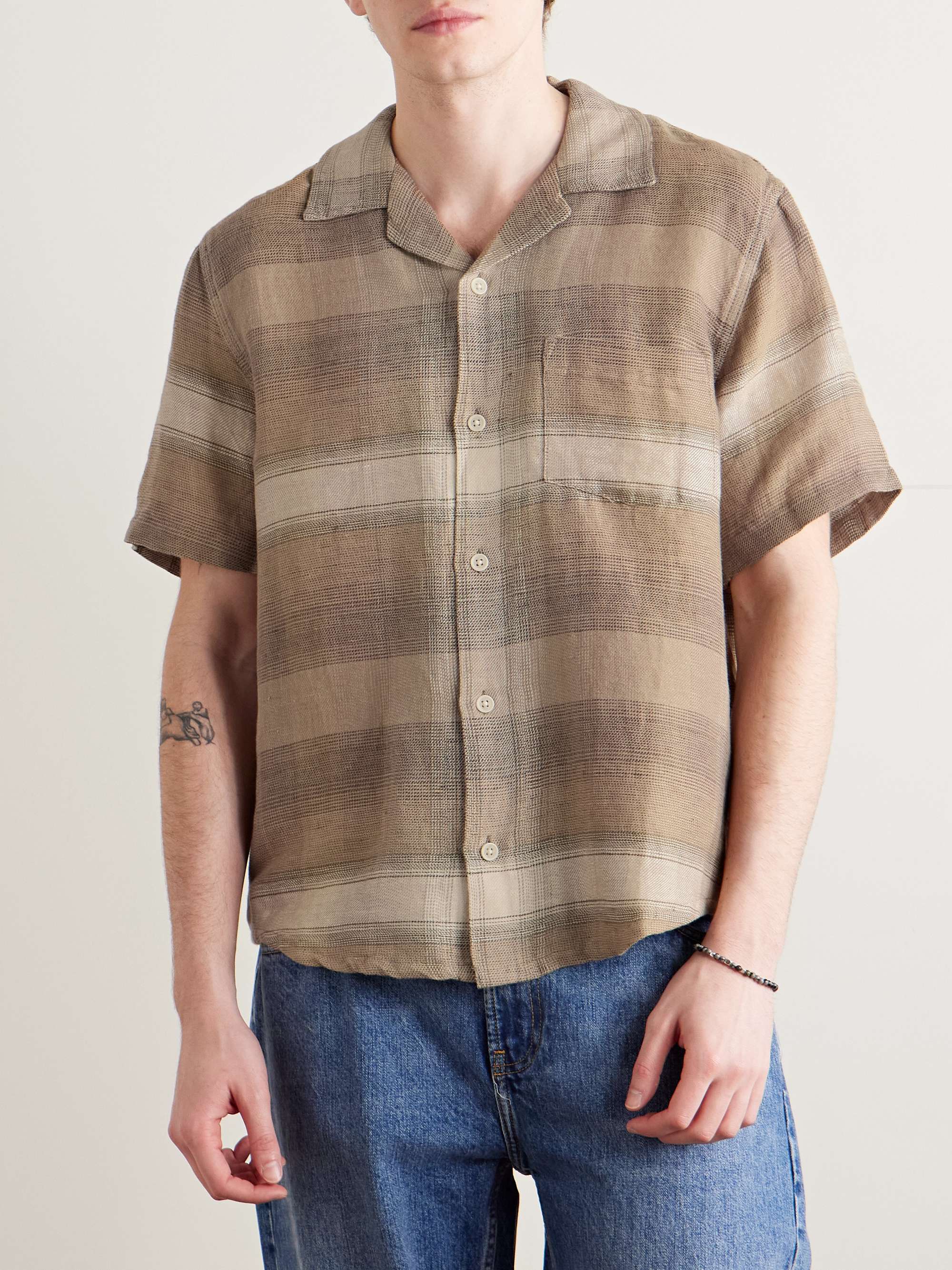 Asheville Convertible-Collar Checked Linen and Cotton-Blend Shirt view