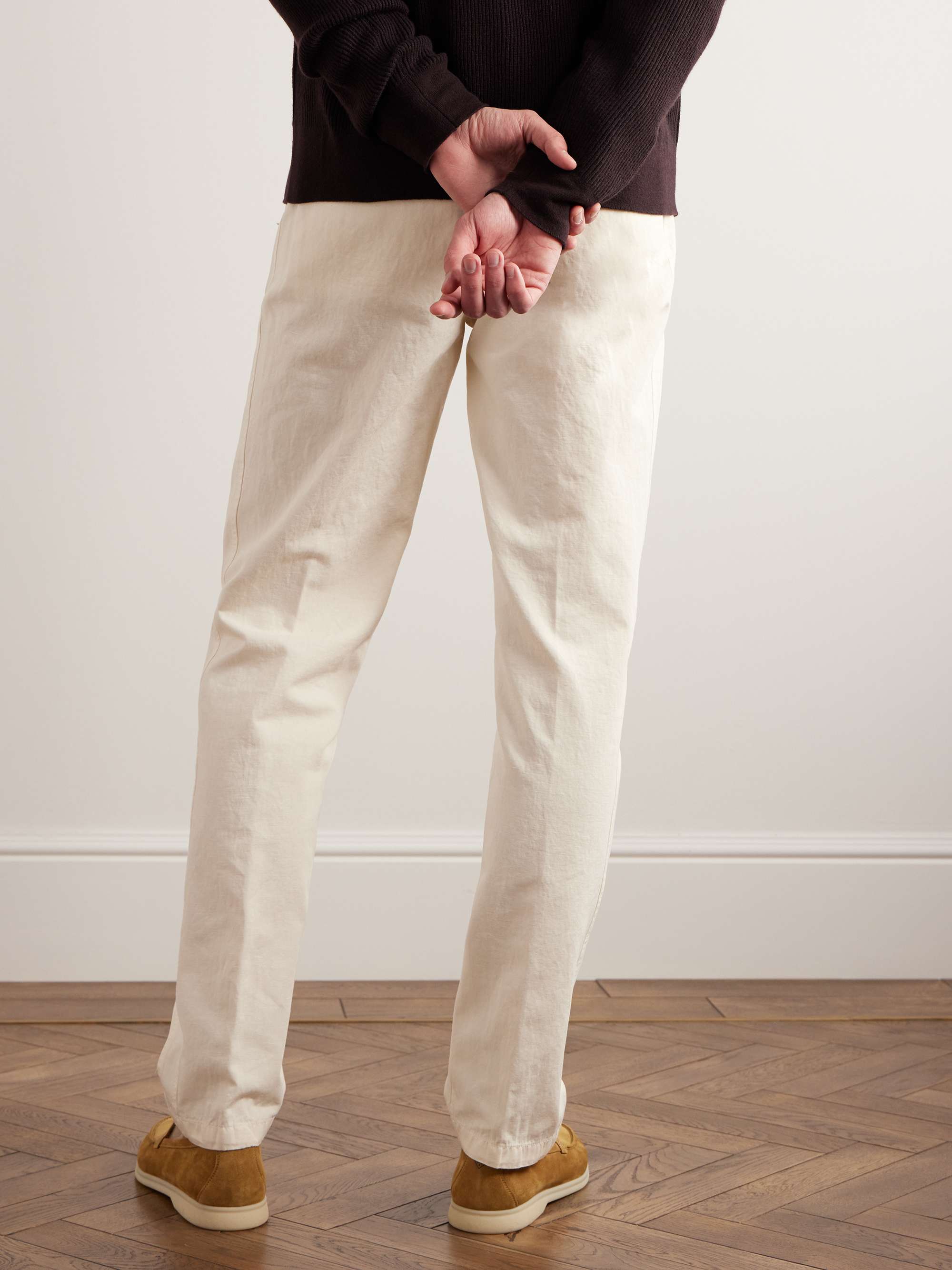 Straight-Leg Pleated Cotton and Linen-Blend Trousers view