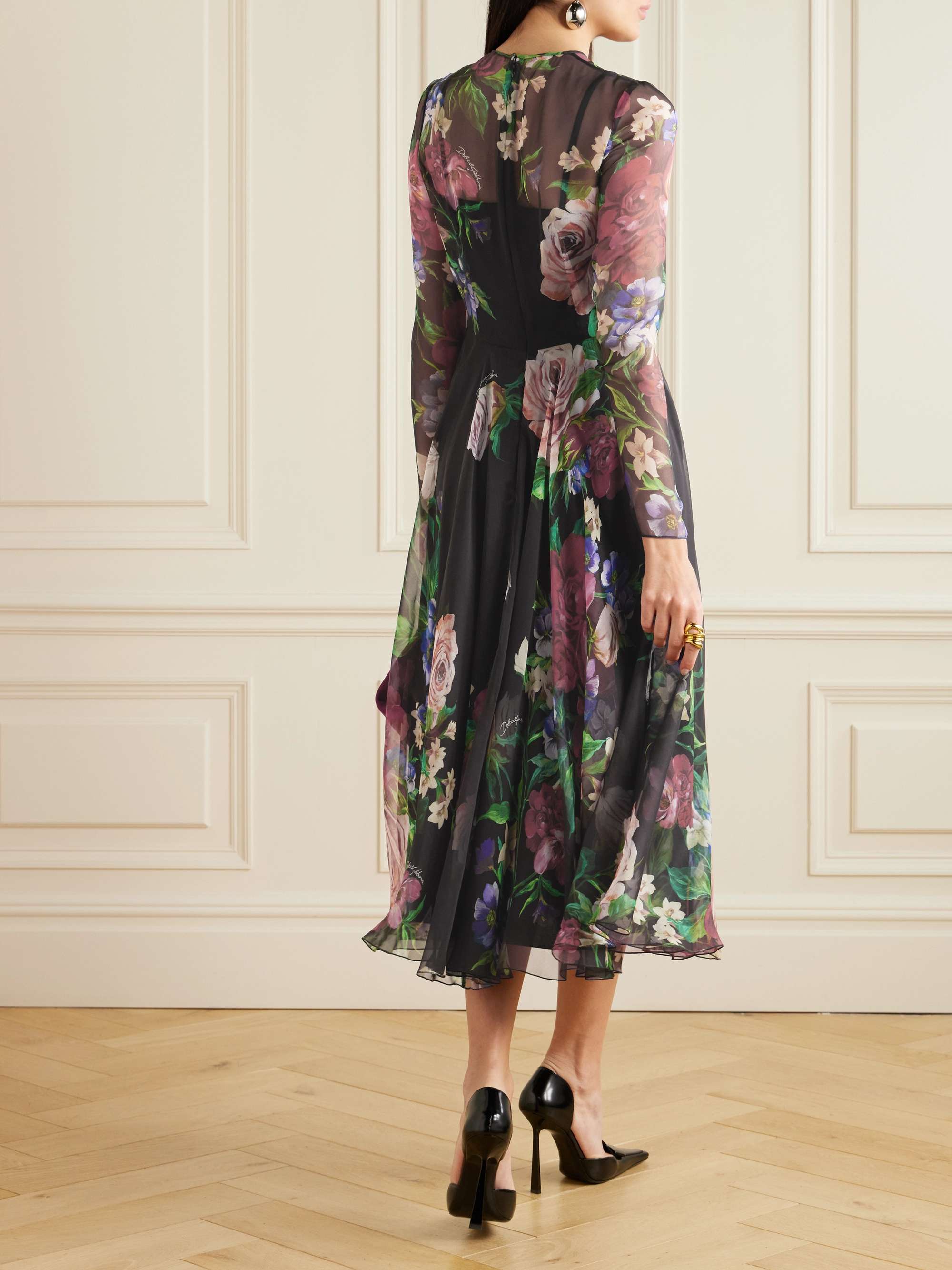 Pleated floral-print silk-chiffon midi dress view