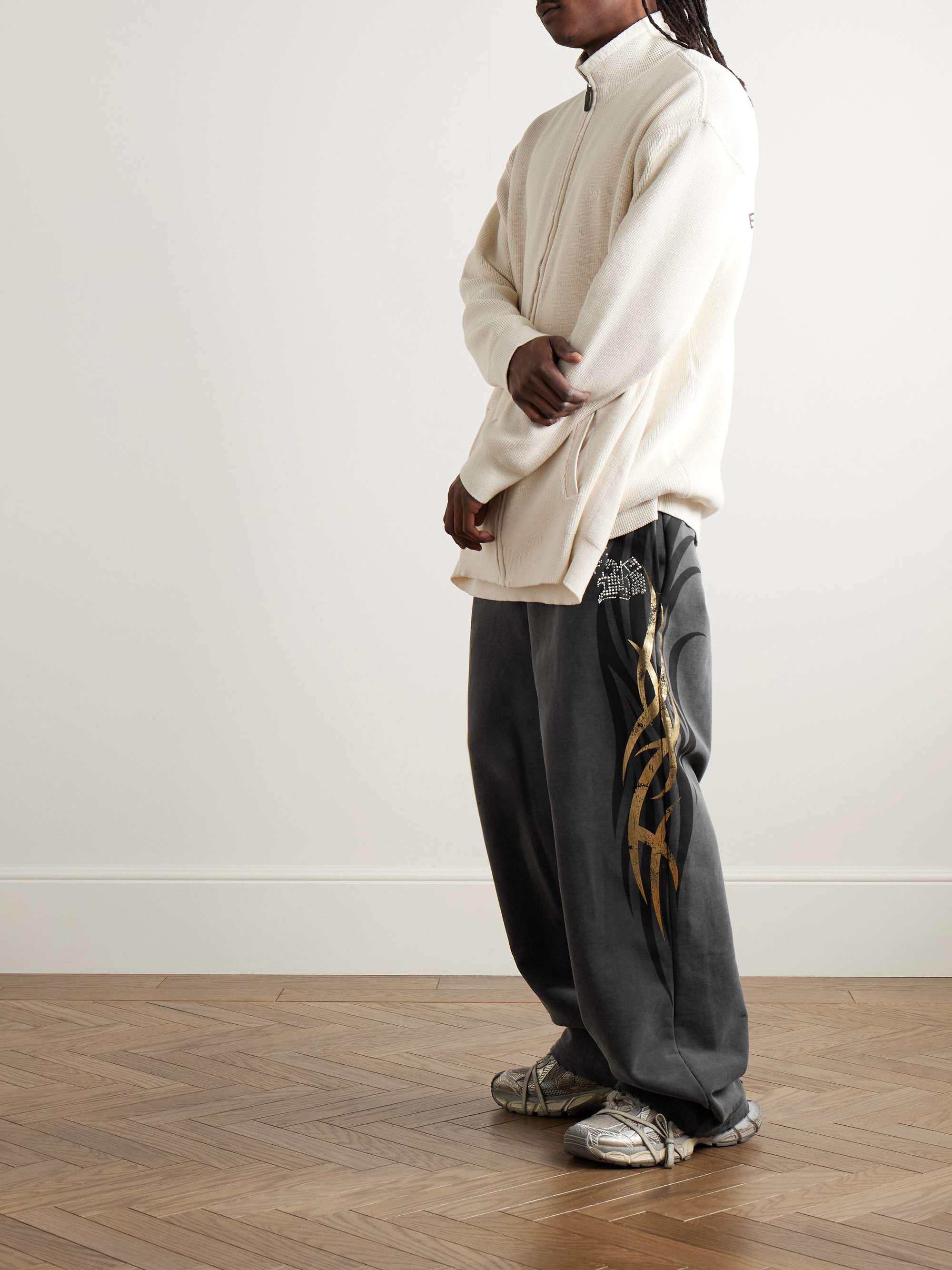 Tacky Wide-Leg Crystal-Embellished Printed Cotton-Jersey Sweatpants view