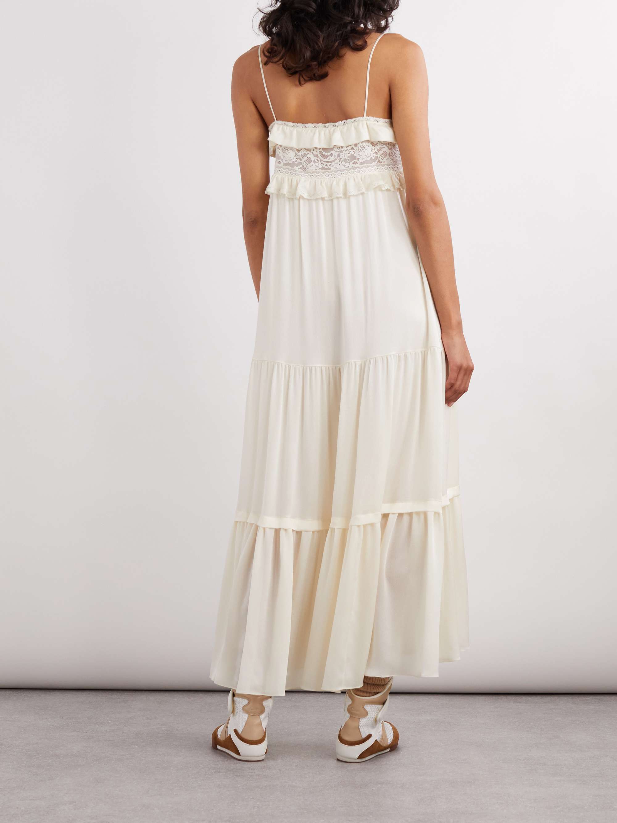 Lace-trimmed tiered ruffled crepe de chine midi dress view