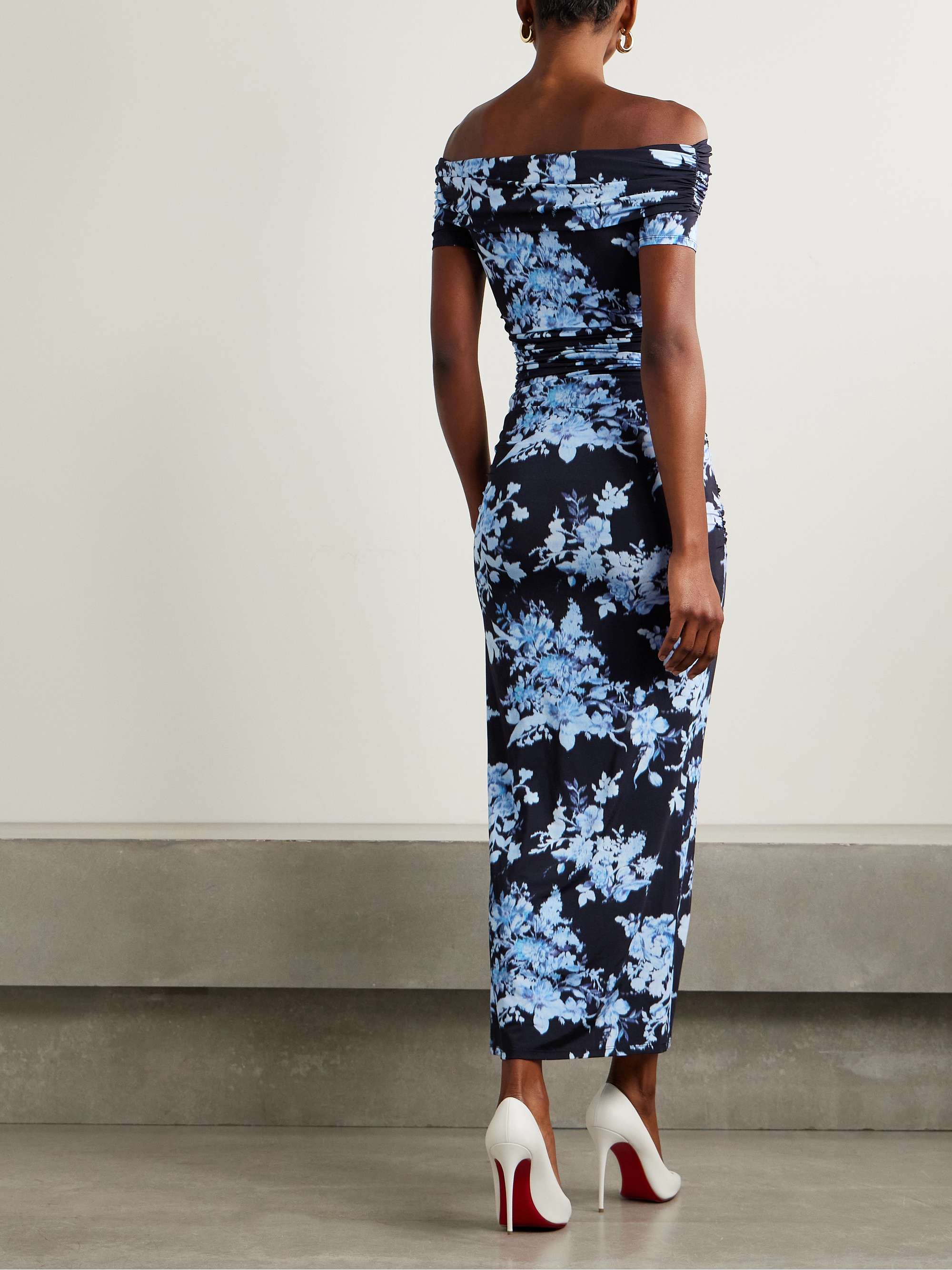 Off-the-shoulder ruched floral-print stretch-jersey midi dress view
