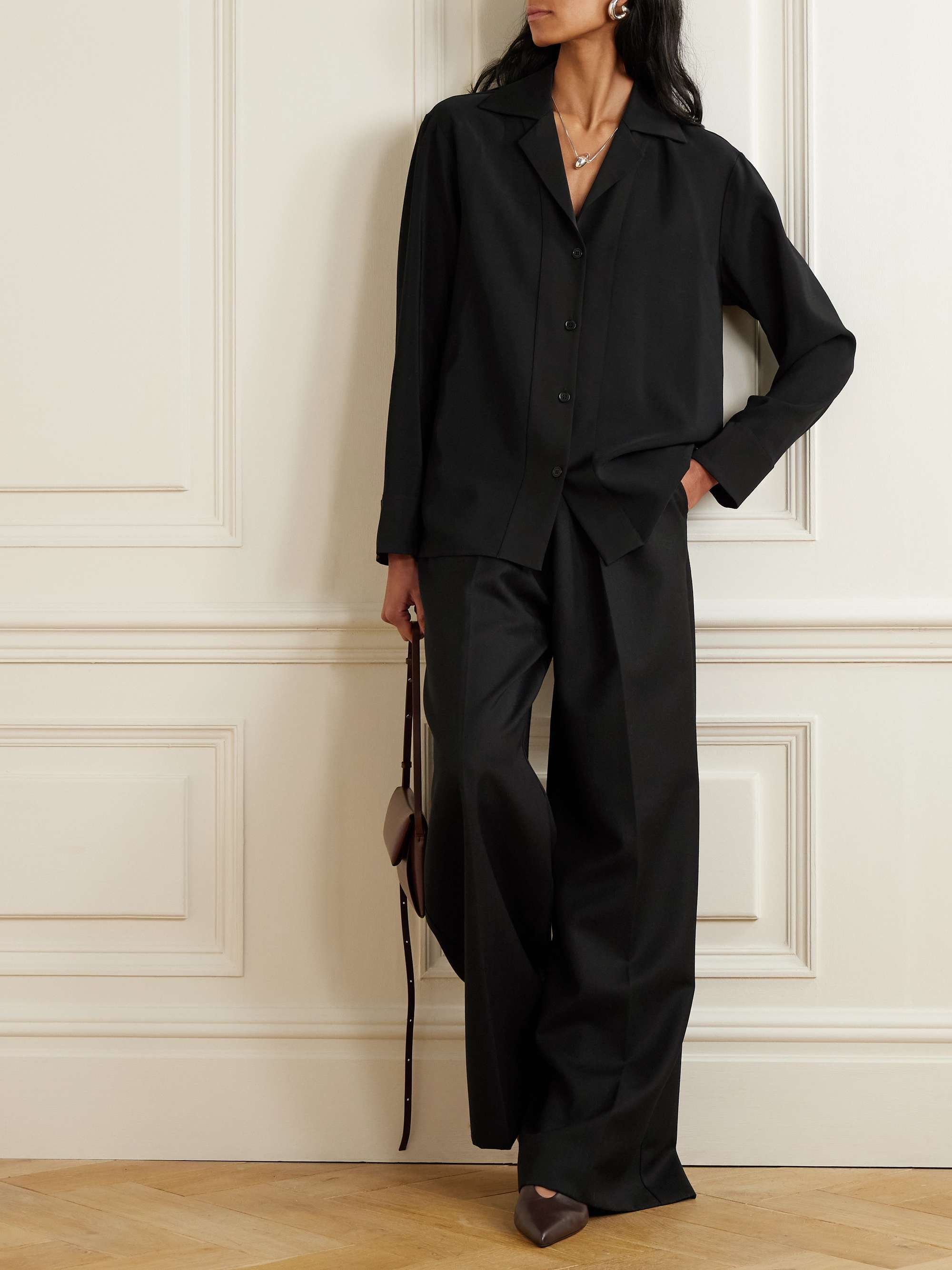 Satin-trimmed crepe shirt view