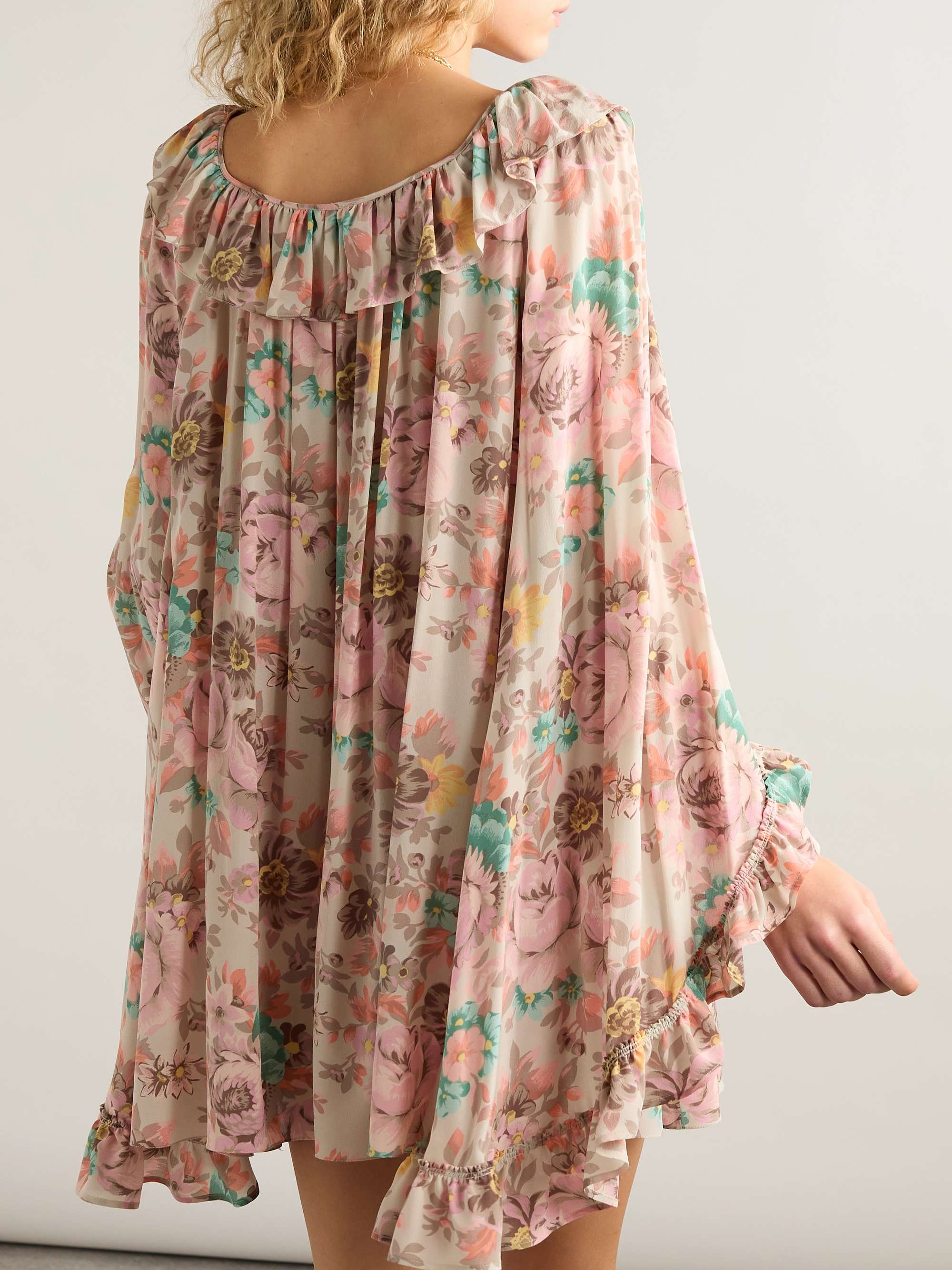 Ruffled floral-print silk crepe de chine mini dress view