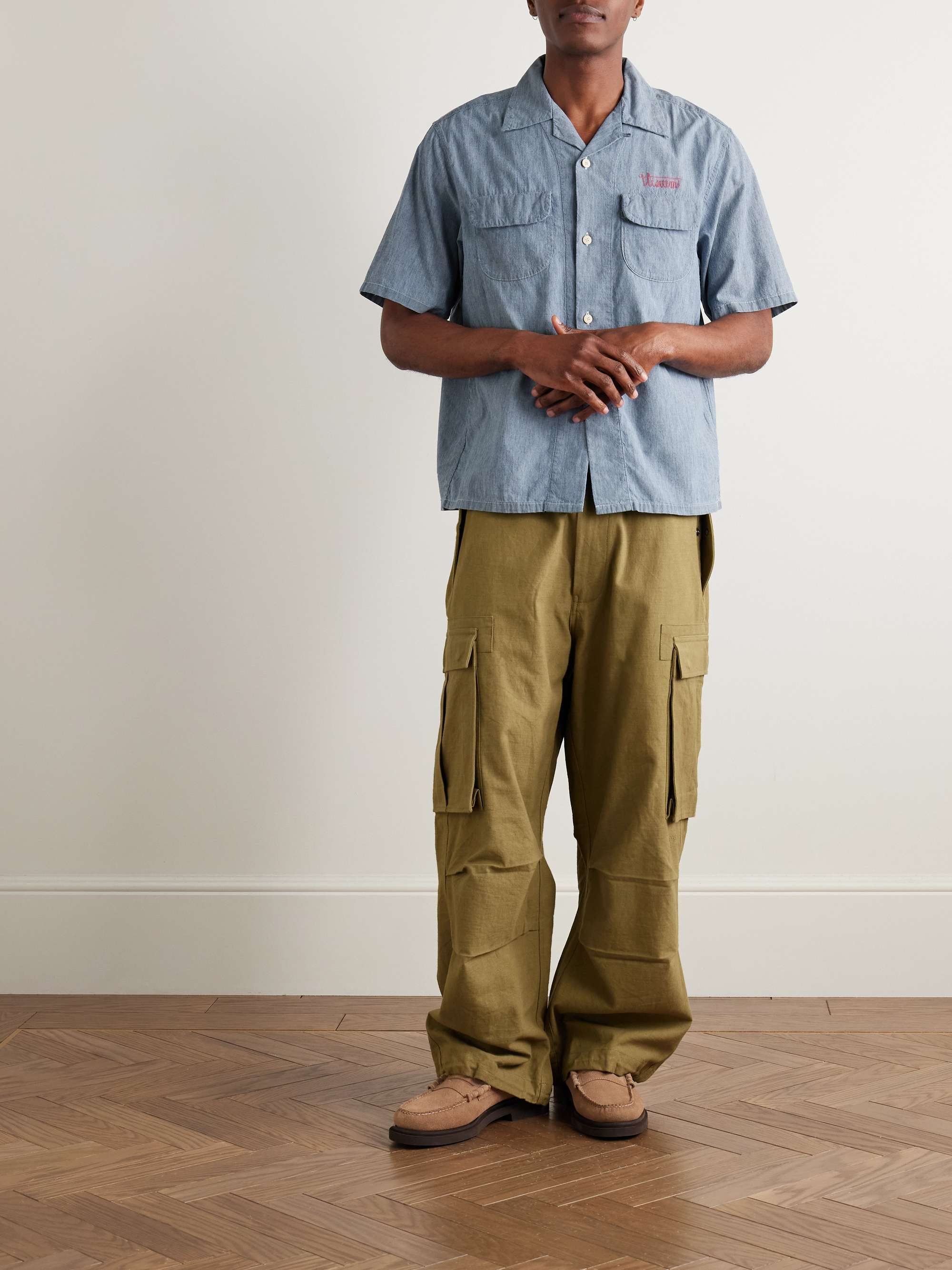 Keesey Convertible-Collar Logo-Embroidered Cotton and Silk-Blend Chambray Shirt view