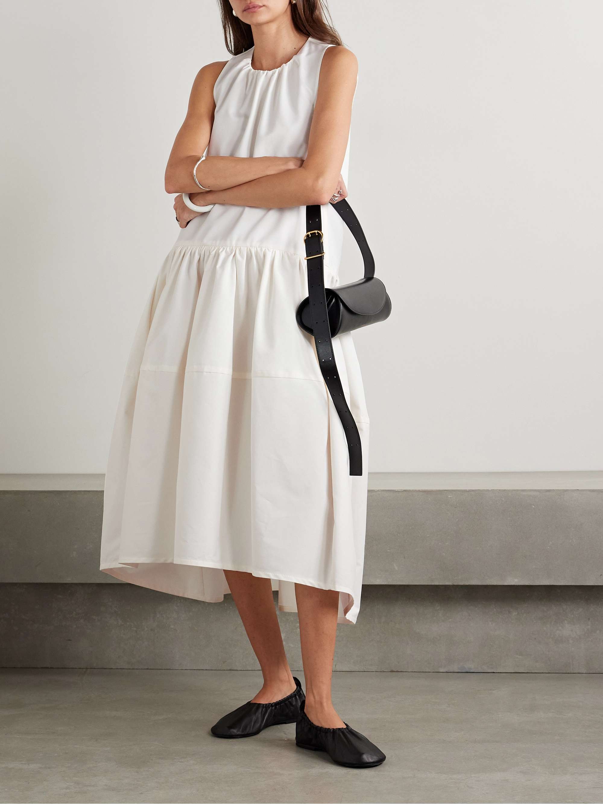 Gathered pleated cotton and silk-blend poplin midi dress view