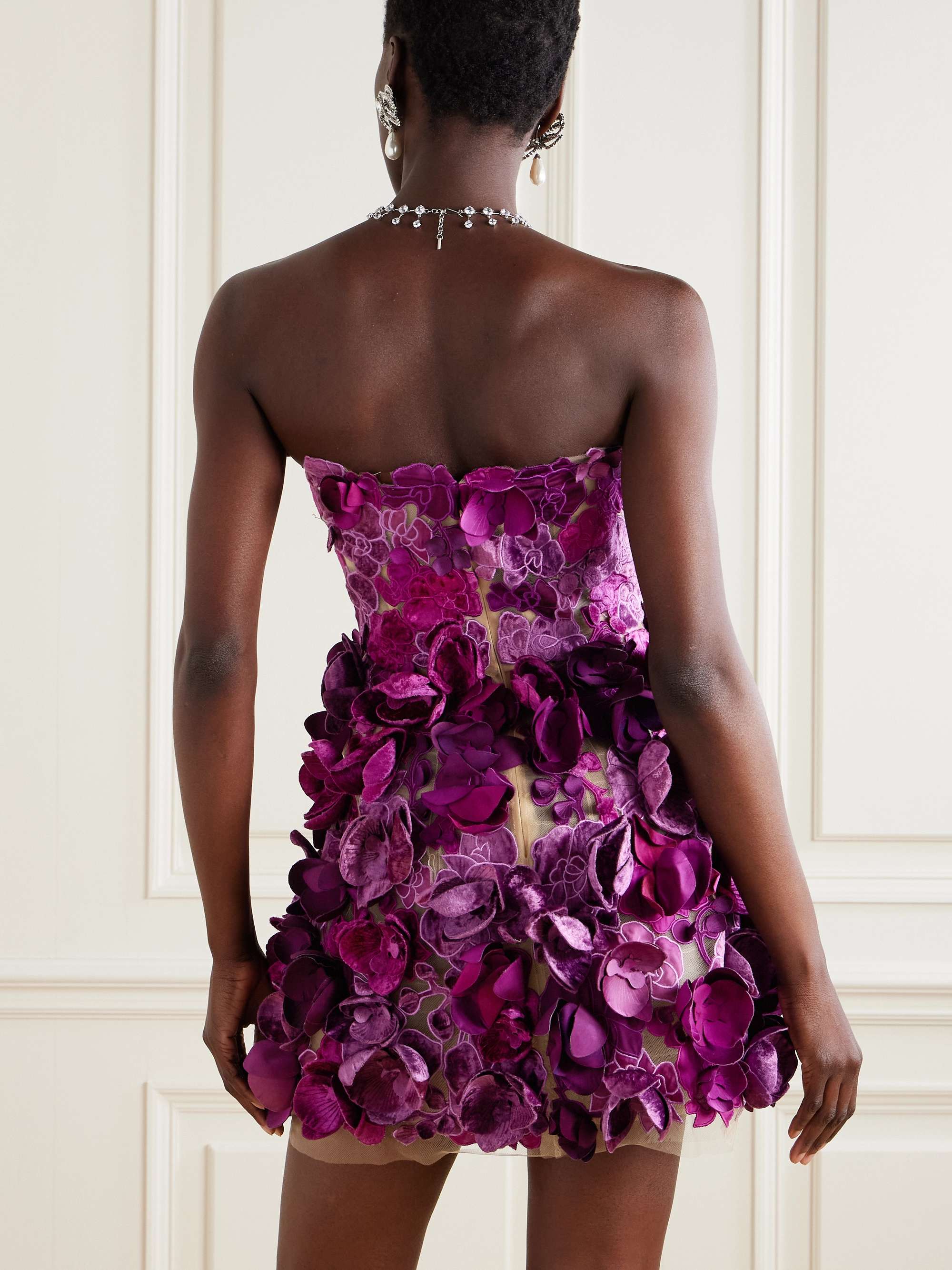 Strapless floral-appliquéd mesh mini dress view