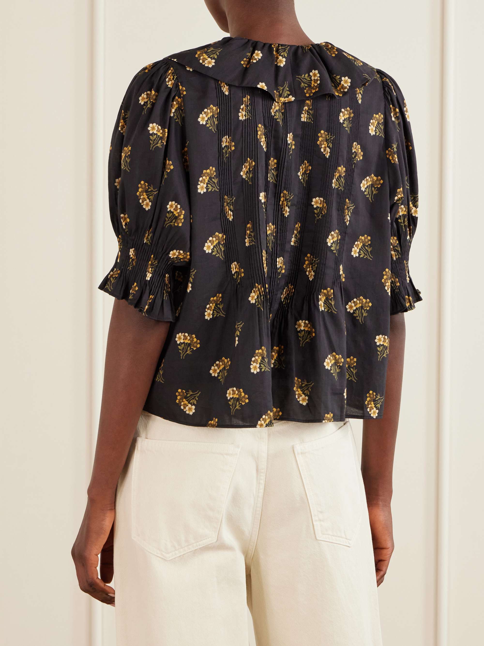 Henri ruffled pintucked floral-print organic cotton-blend voile top view