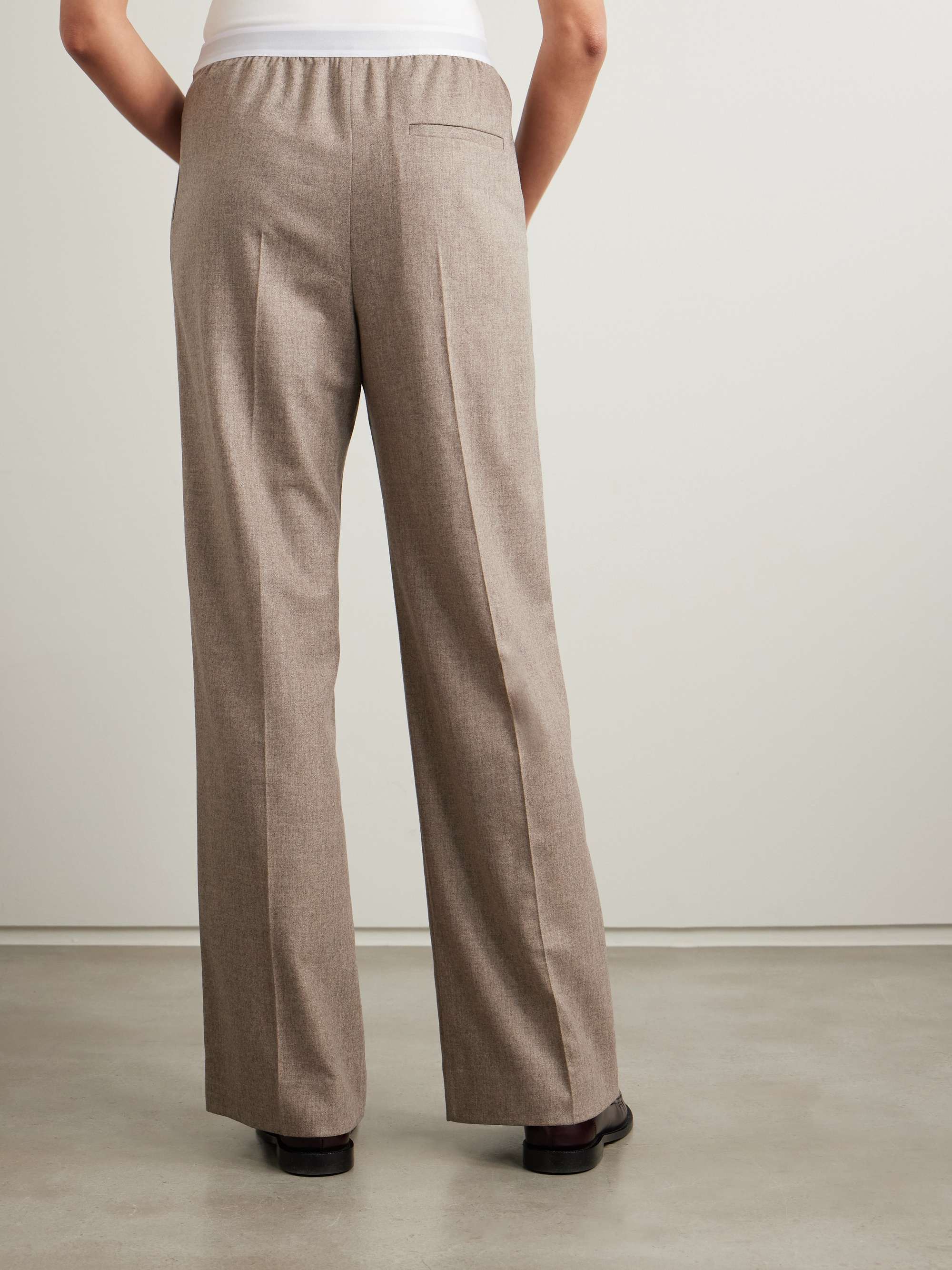 Stretch jacquard-trimmed pleated wool and cashmere-blend straight-leg pants view