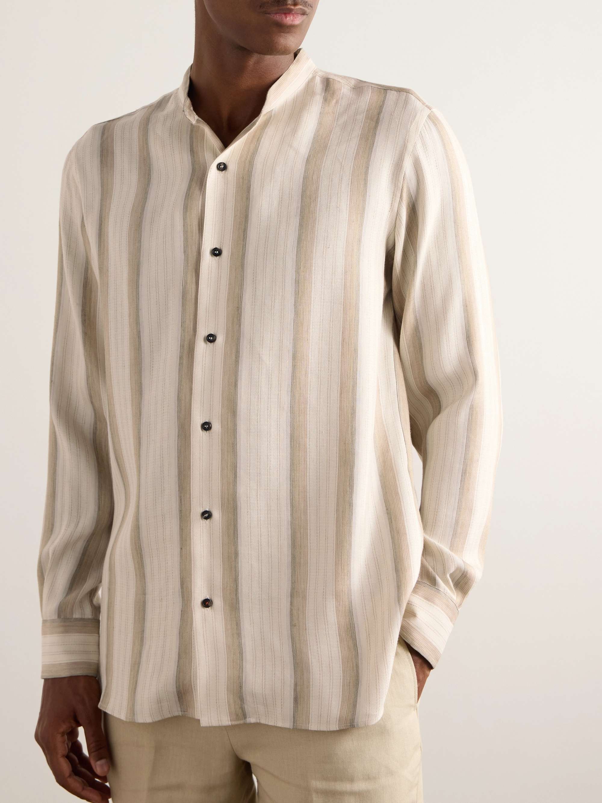 Elia Grandad-Collar Striped Linen and Silk-Blend Shirt view