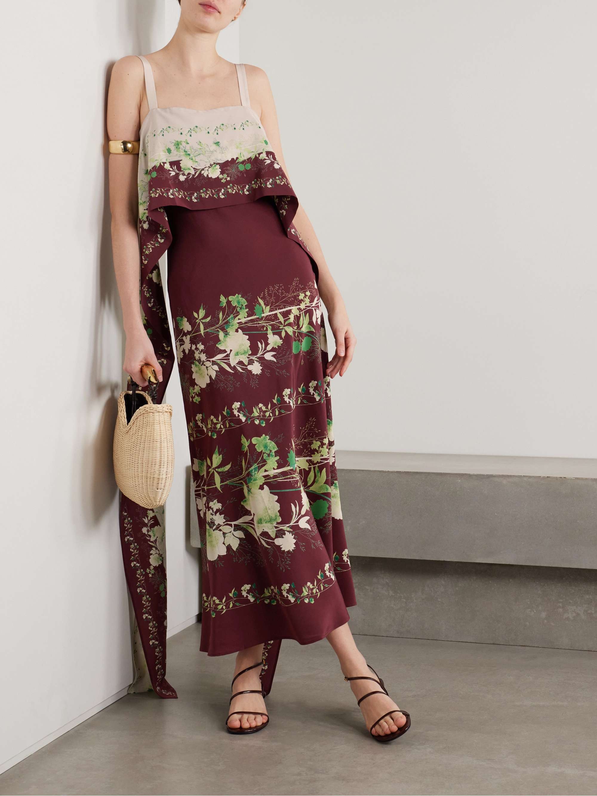 Draped floral-print silk crepe de chine midi dress view