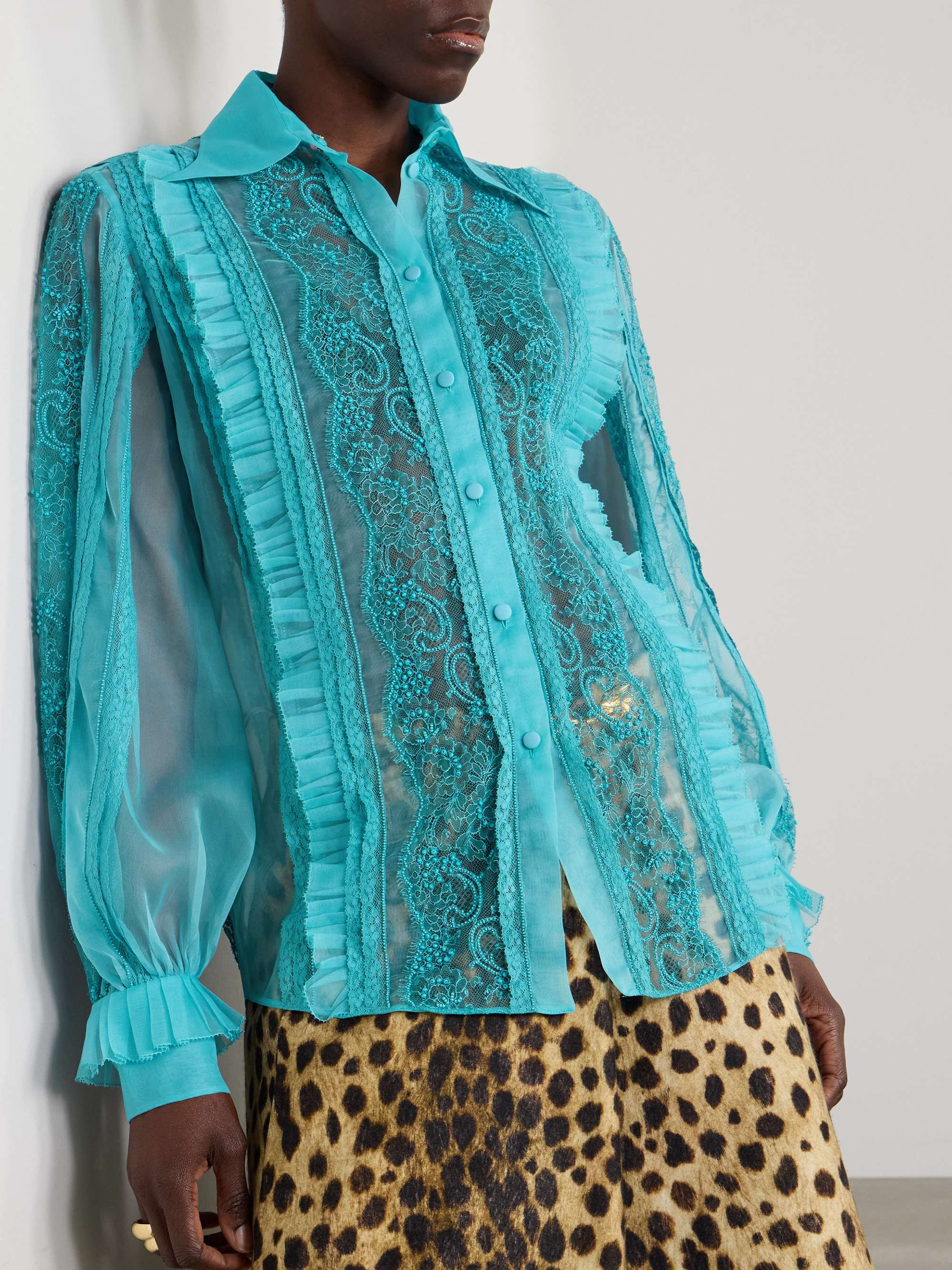 Pleated ruffled bead-embellished lace-trimmed silk-organza shirt view