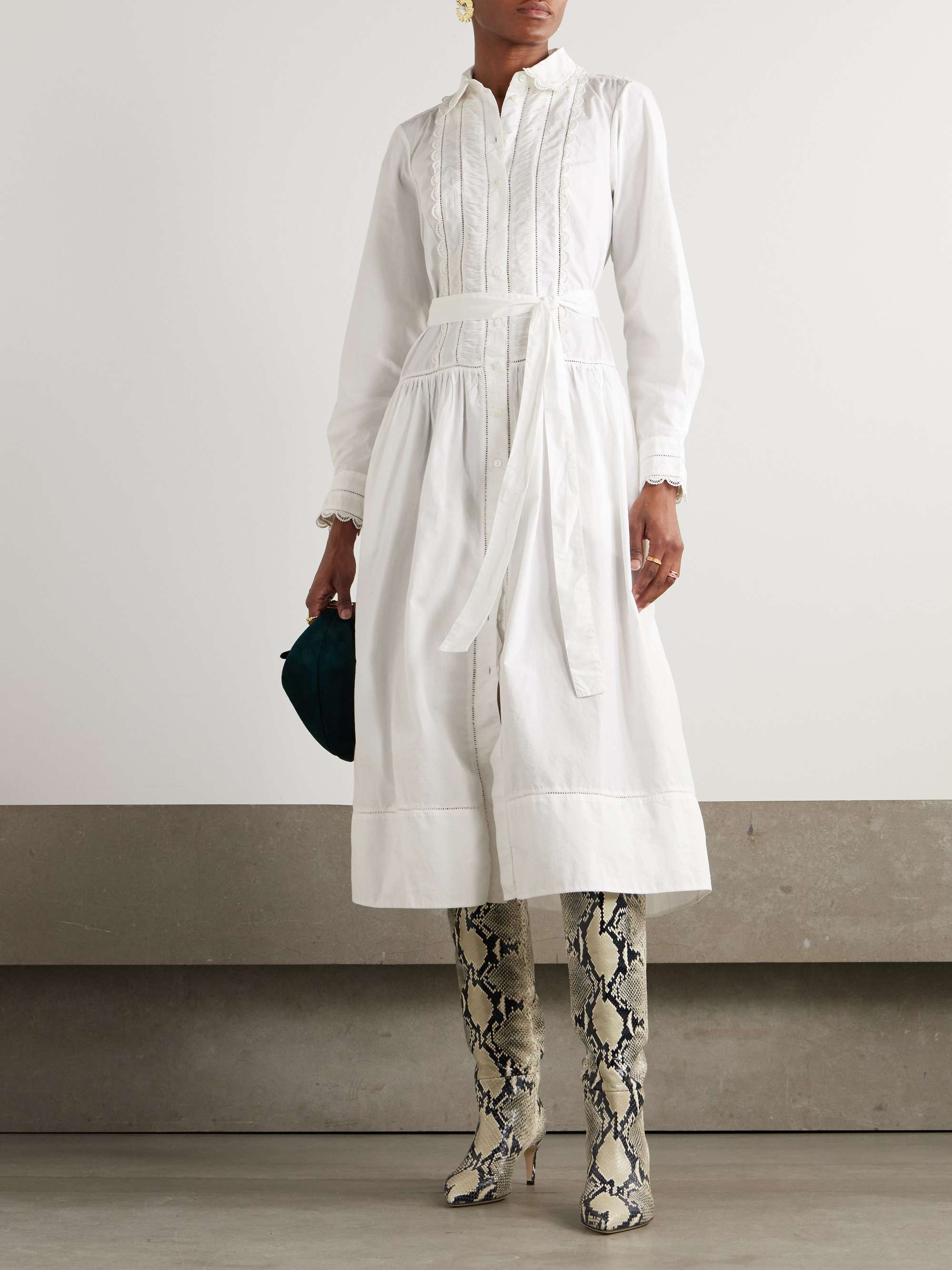 Ariane belted crocheted-trimmed cotton-poplin midi dress view