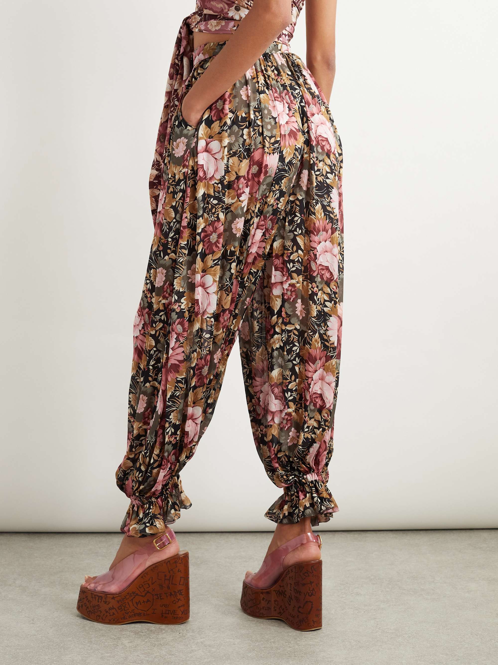 Pleated cropped floral-print silk-charmeuse wide-leg pants view