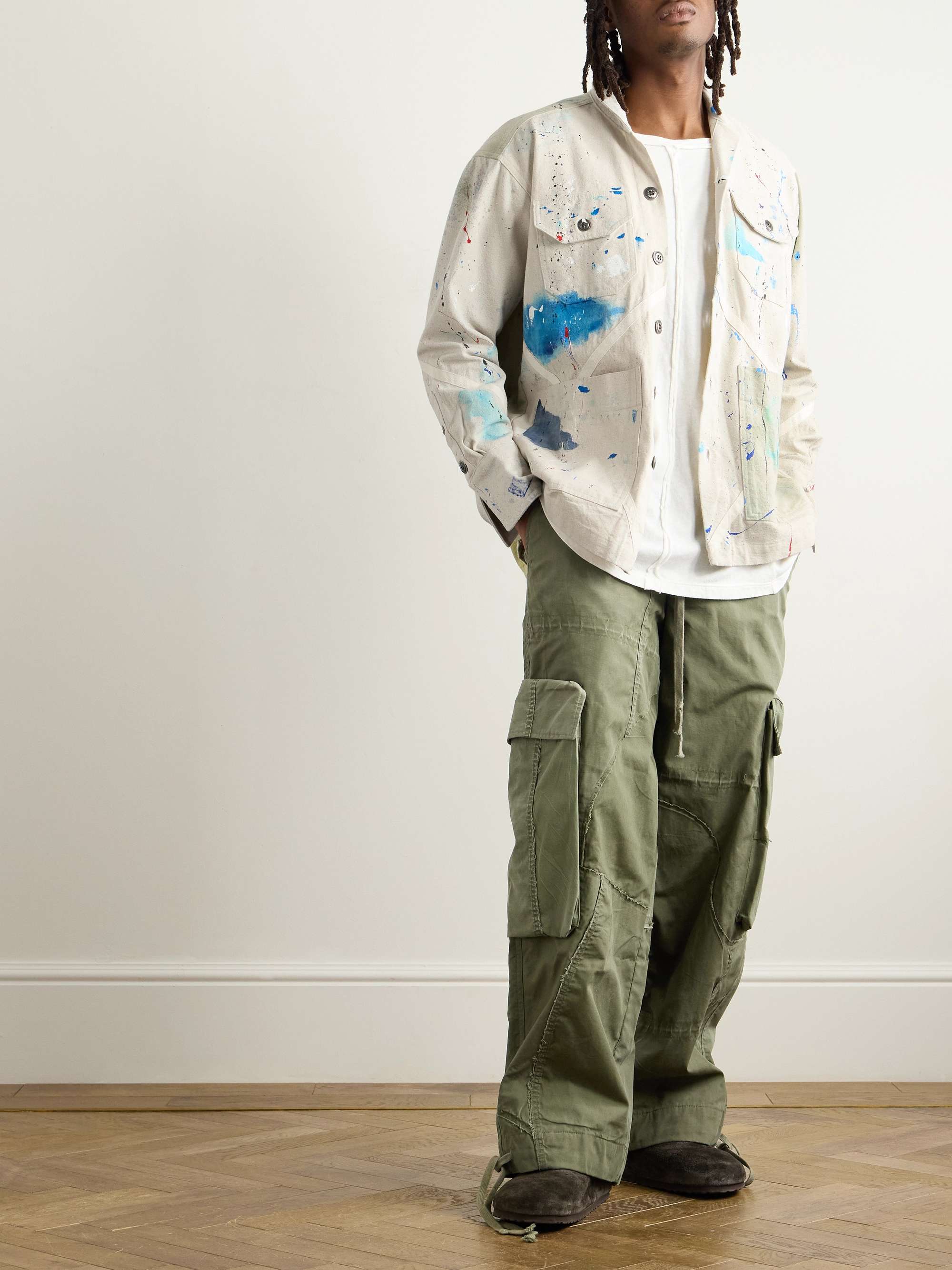 Wide-Leg Patchwork Cotton-Canvas Drawstring Cargo Trousers view