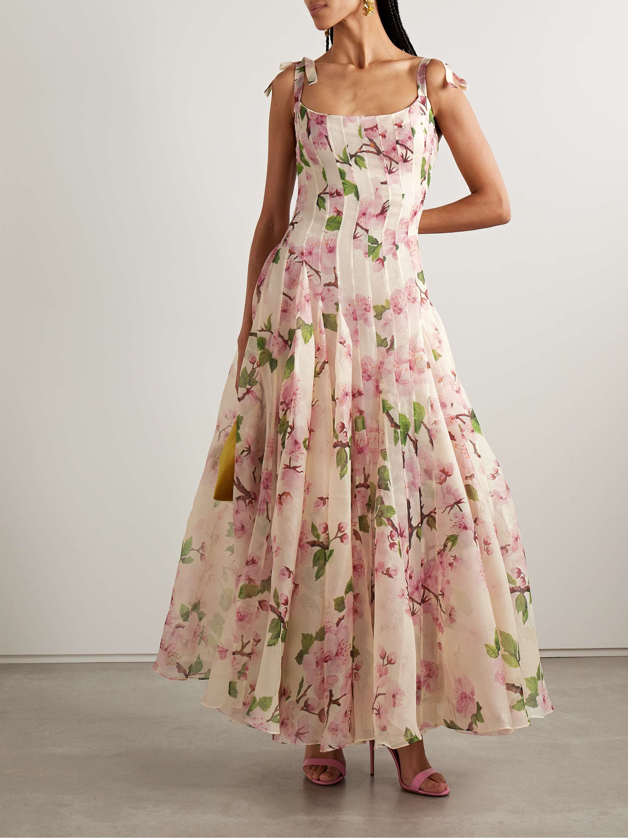 Pleated floral-print silk-blend organza gown view