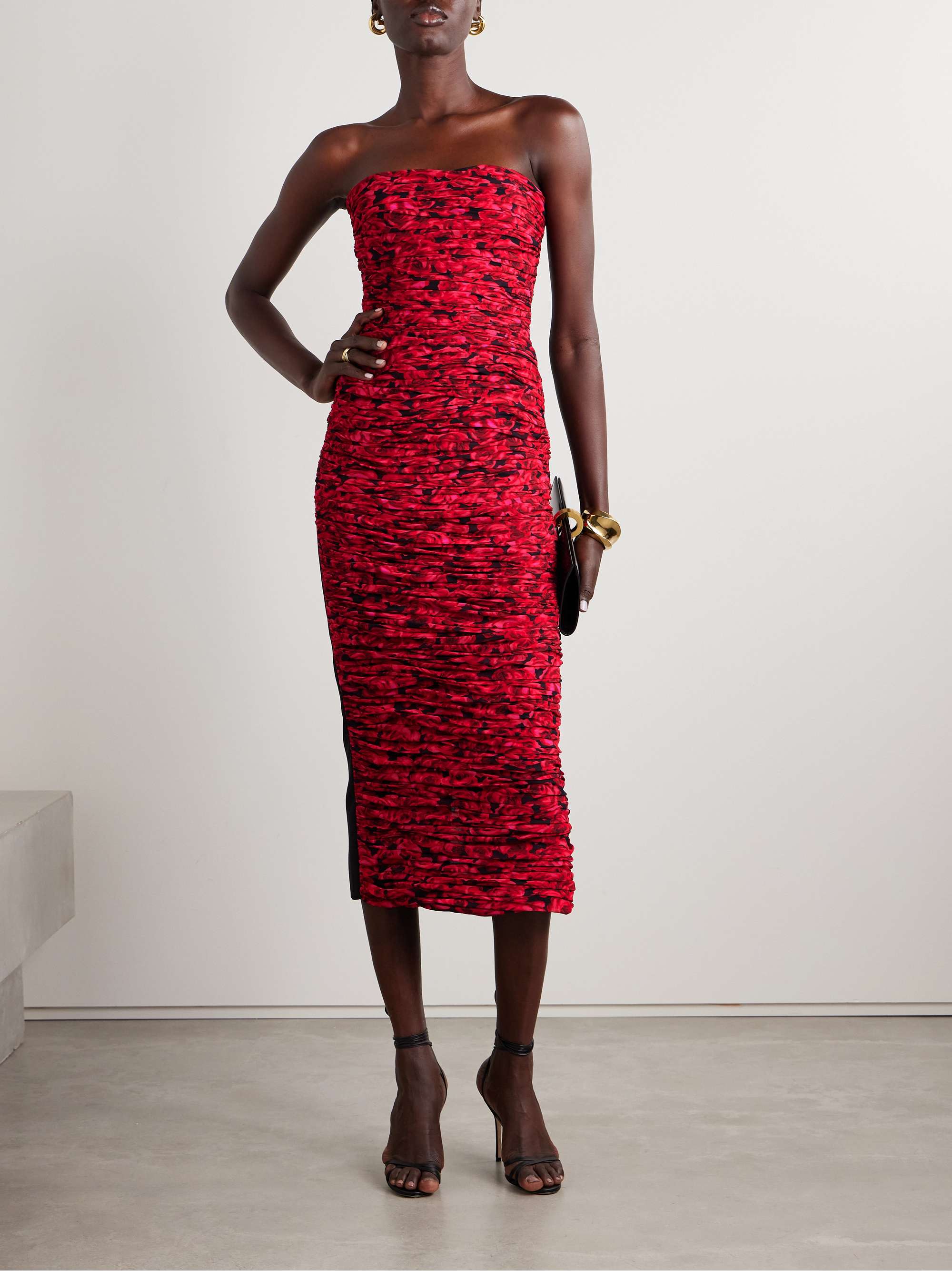 Strapless ruched floral-print crepe midi dress view