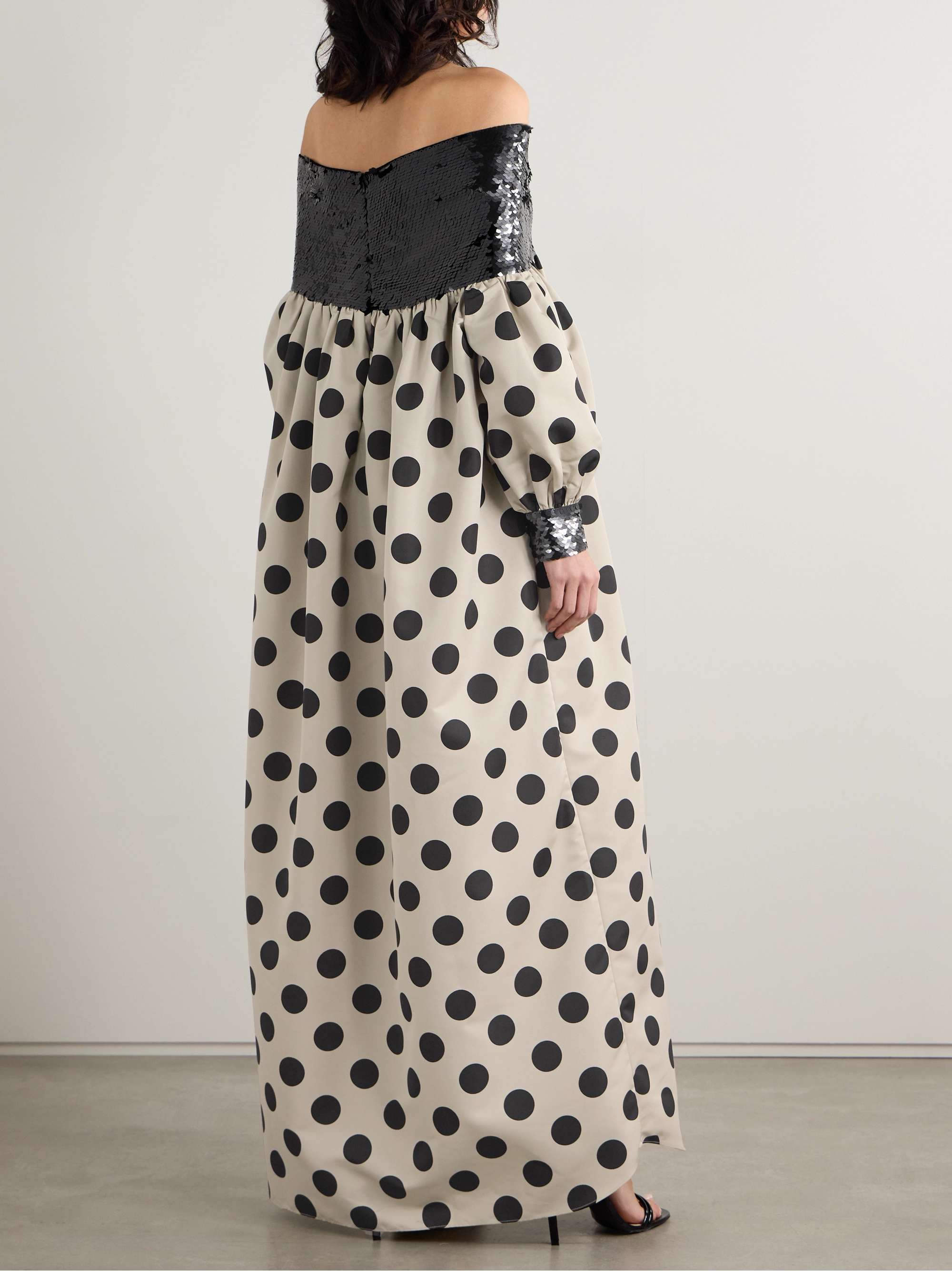 Off-the-shoulder tulle-paneled sequined polka-dot satin maxi dress view