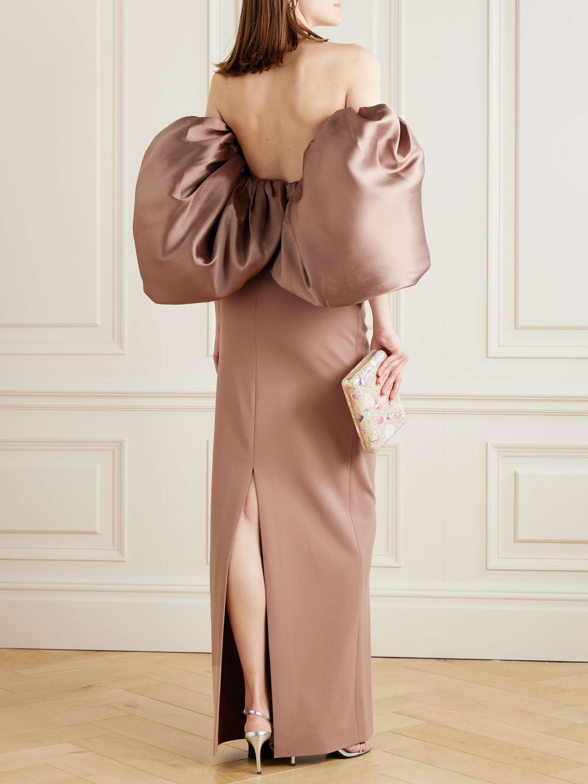 Floris off-the-shoulder satin-twill and crepe gown view