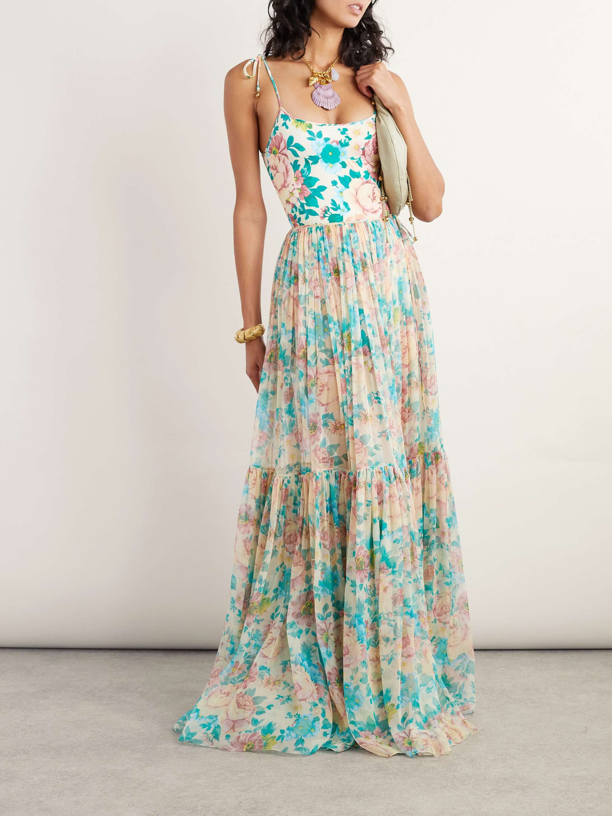 Pleated tiered floral-print silk-chiffon maxi skirt view