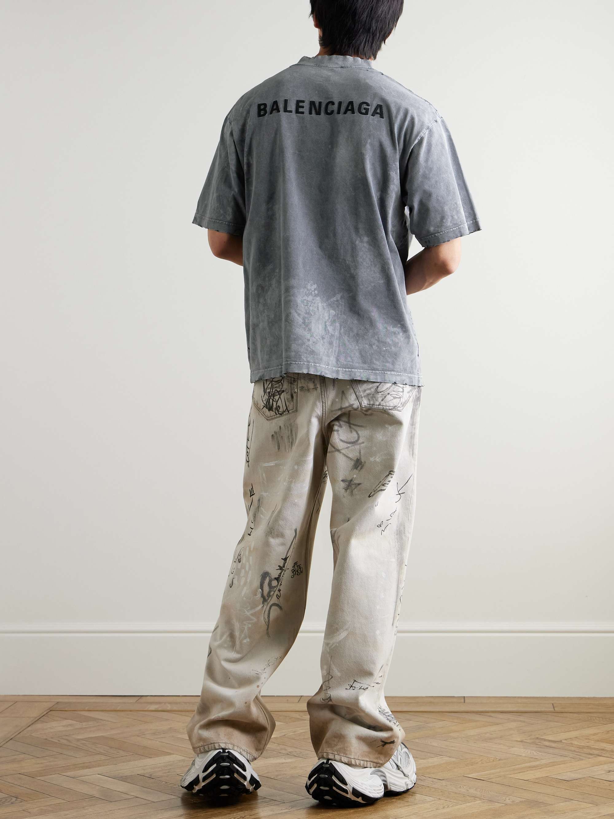 Oversized Distressed Logo-Embroidered Printed Cotton-Jersey T-Shirt view