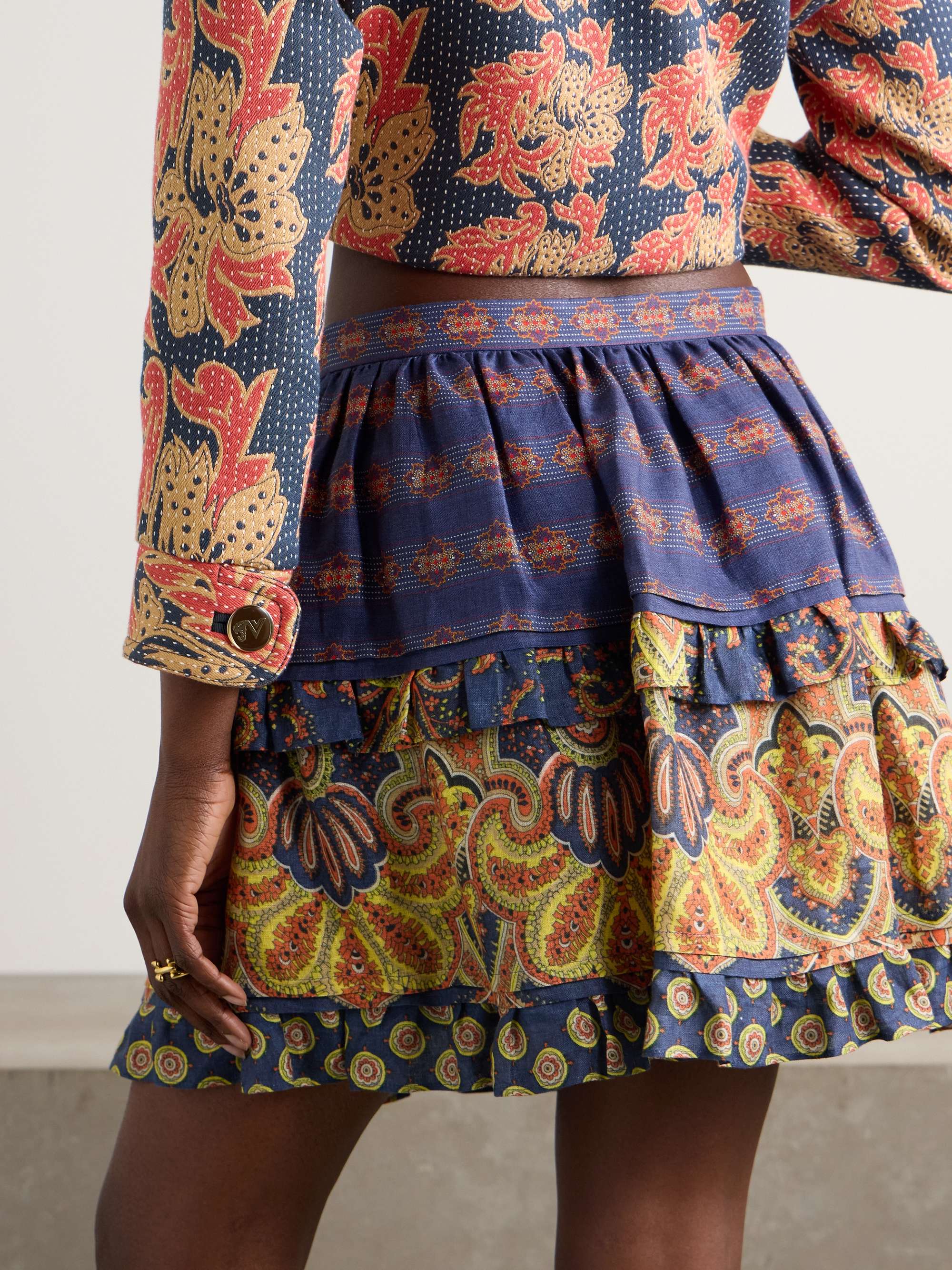Tiered embroidered paisley-print linen mini skirt view