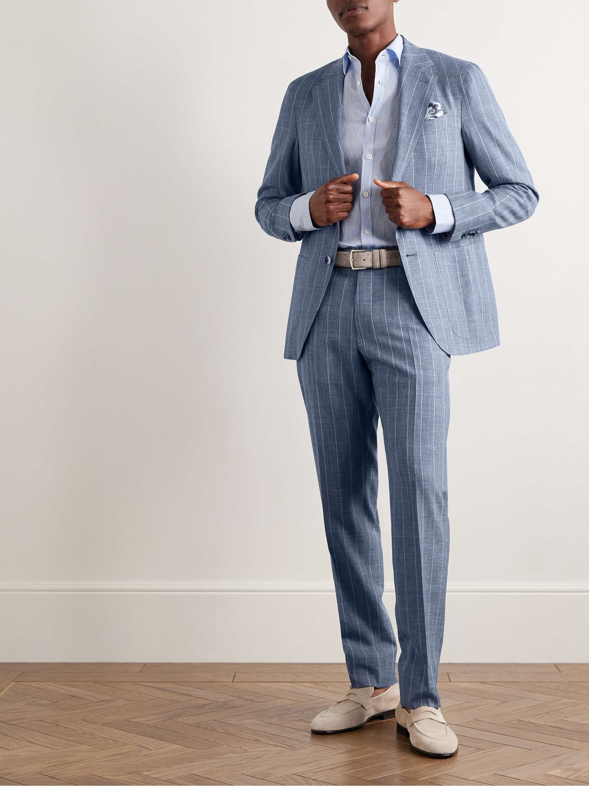 Slim-Fit Striped Wool, Silk and Linen-Blend Suit Trousers view