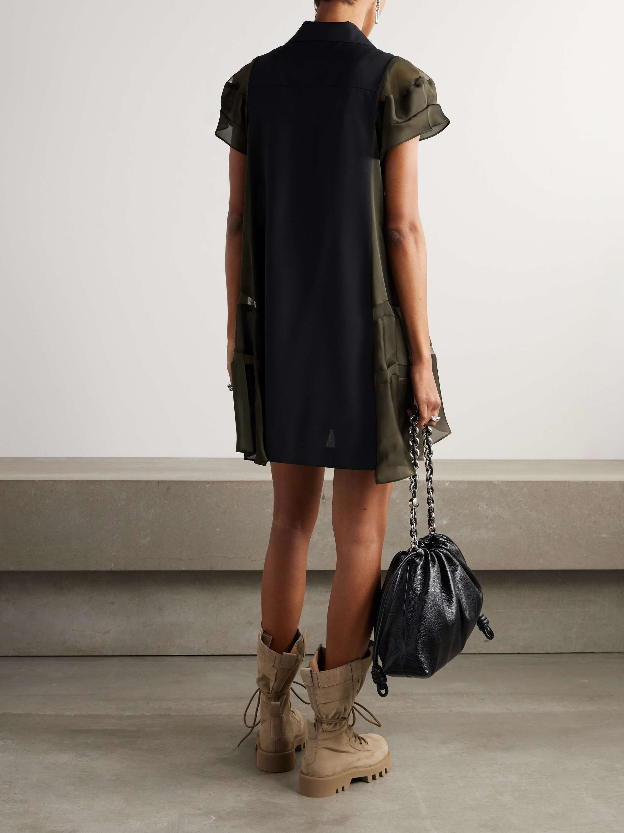 Chiffon-trimmed paneled satin and crepe mini dress view