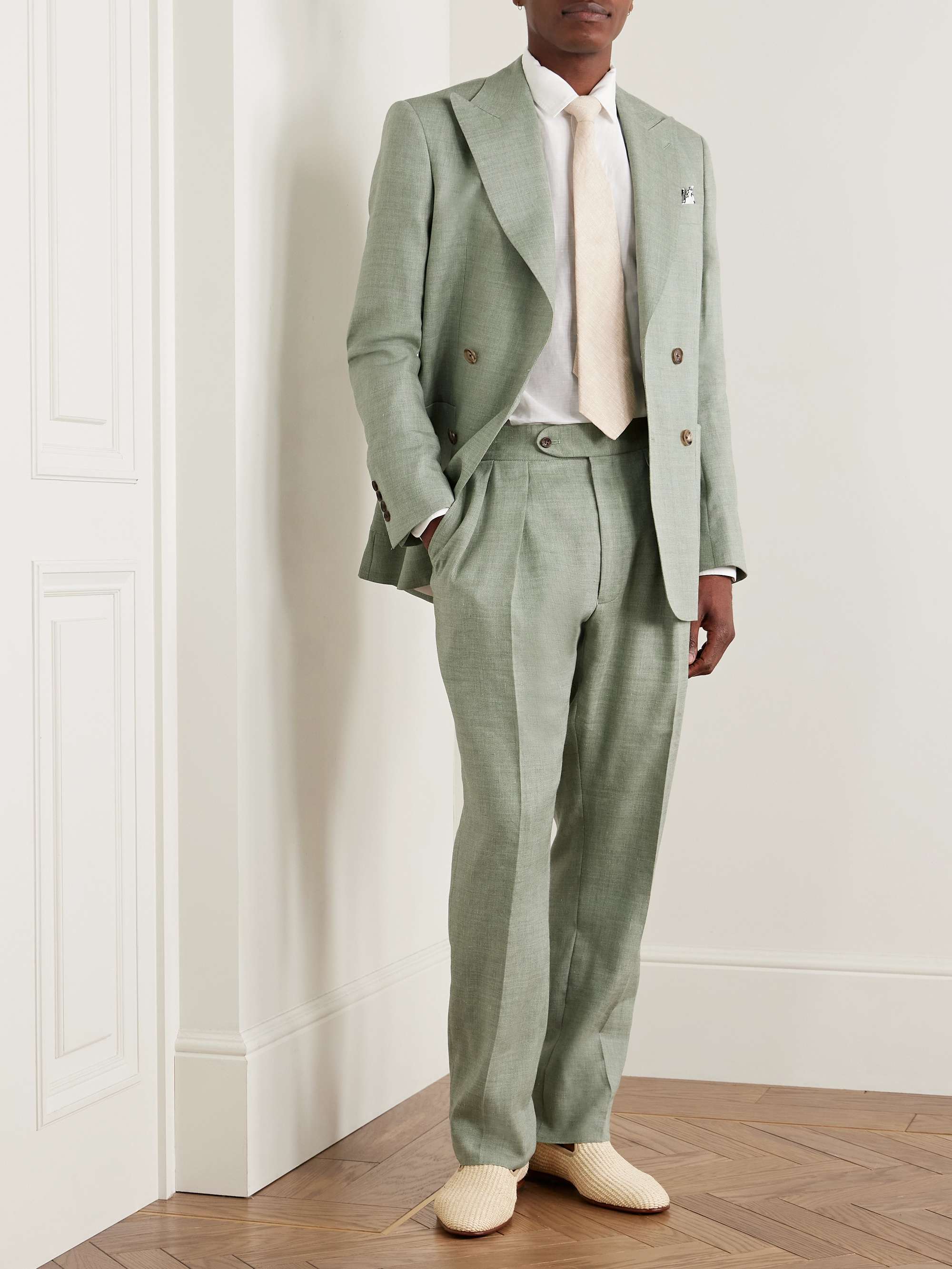 Hepworth Straight-Leg Pleated Herringbone Linen and Wool-Blend Suit Trousers view