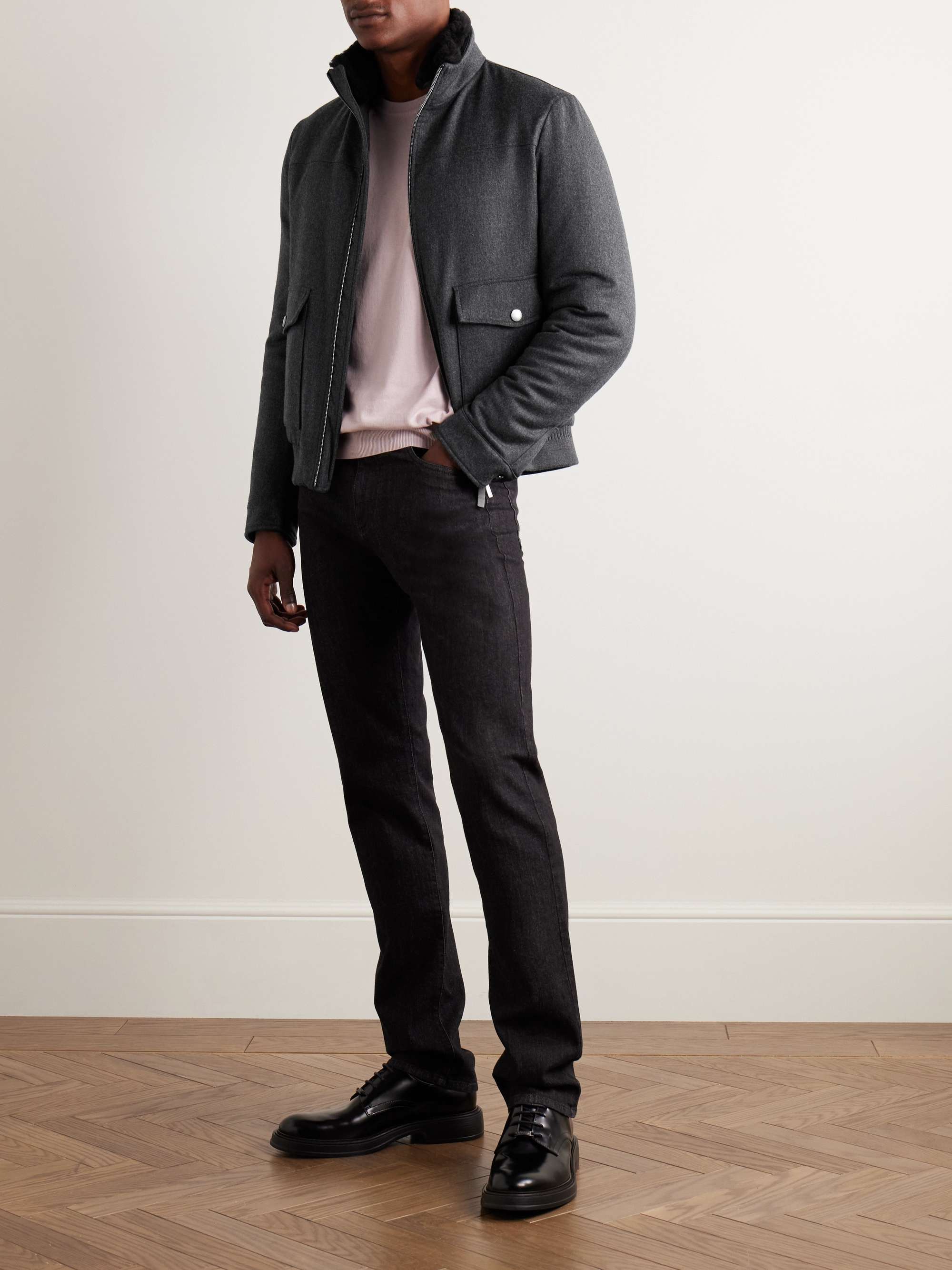 Shearling-Trimmed Padded Wool-Flannel Bomber Jacket view