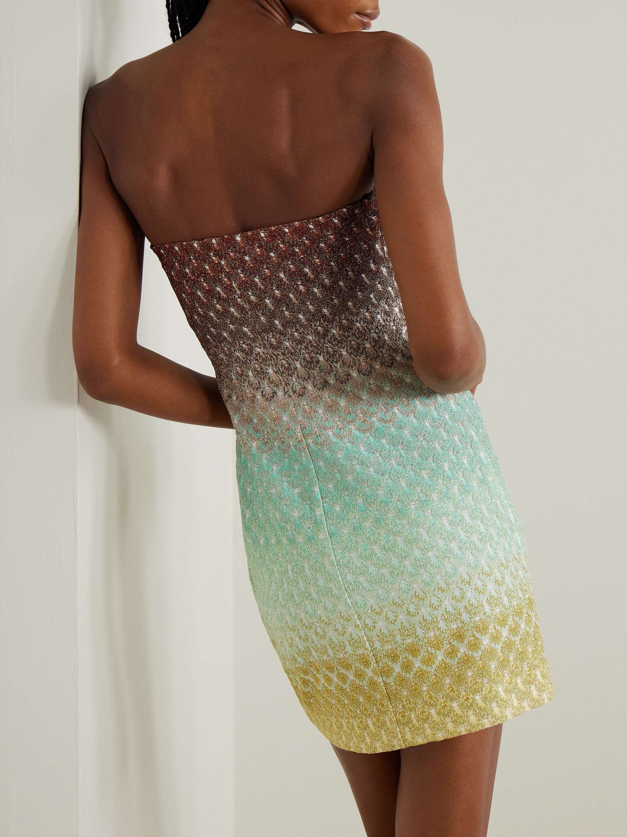 Strapless metallic crochet-knit mini dress view