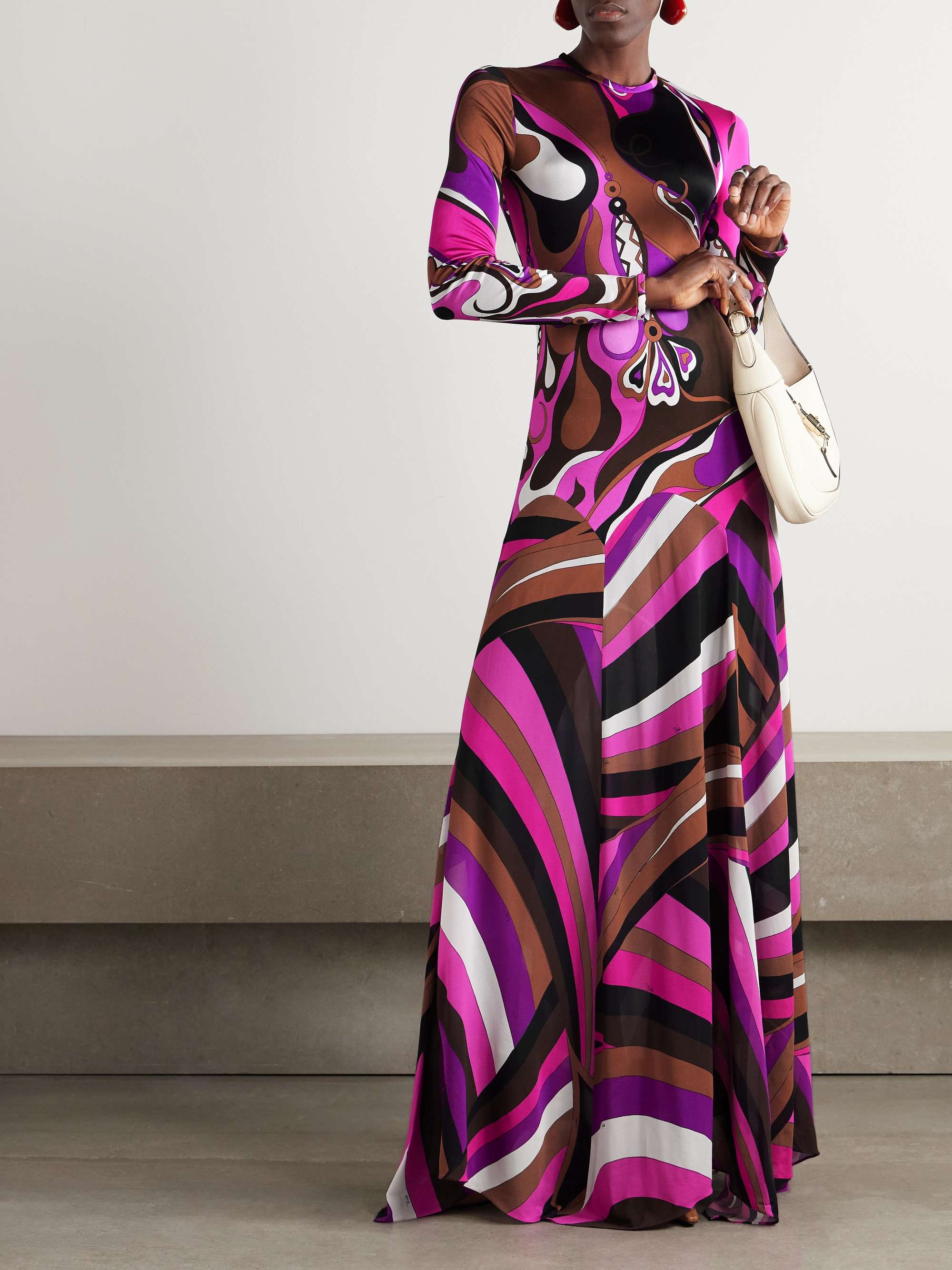 Pleated paneled printed satin-jersey and stretch-mesh maxi dress view