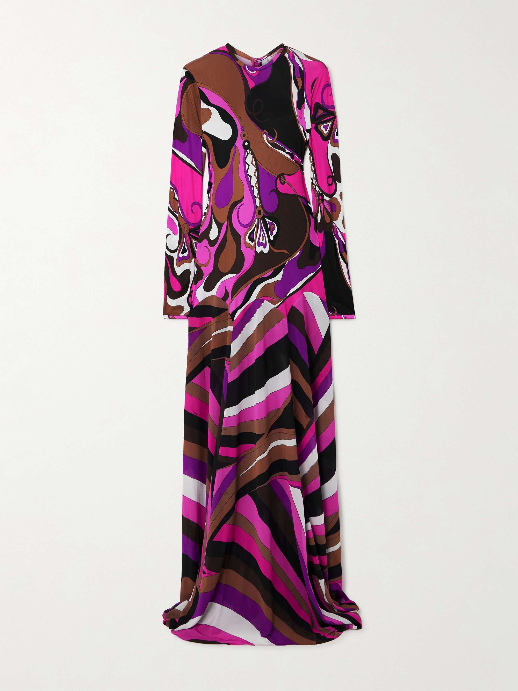 Pleated paneled printed satin-jersey and stretch-mesh maxi dress hero visual