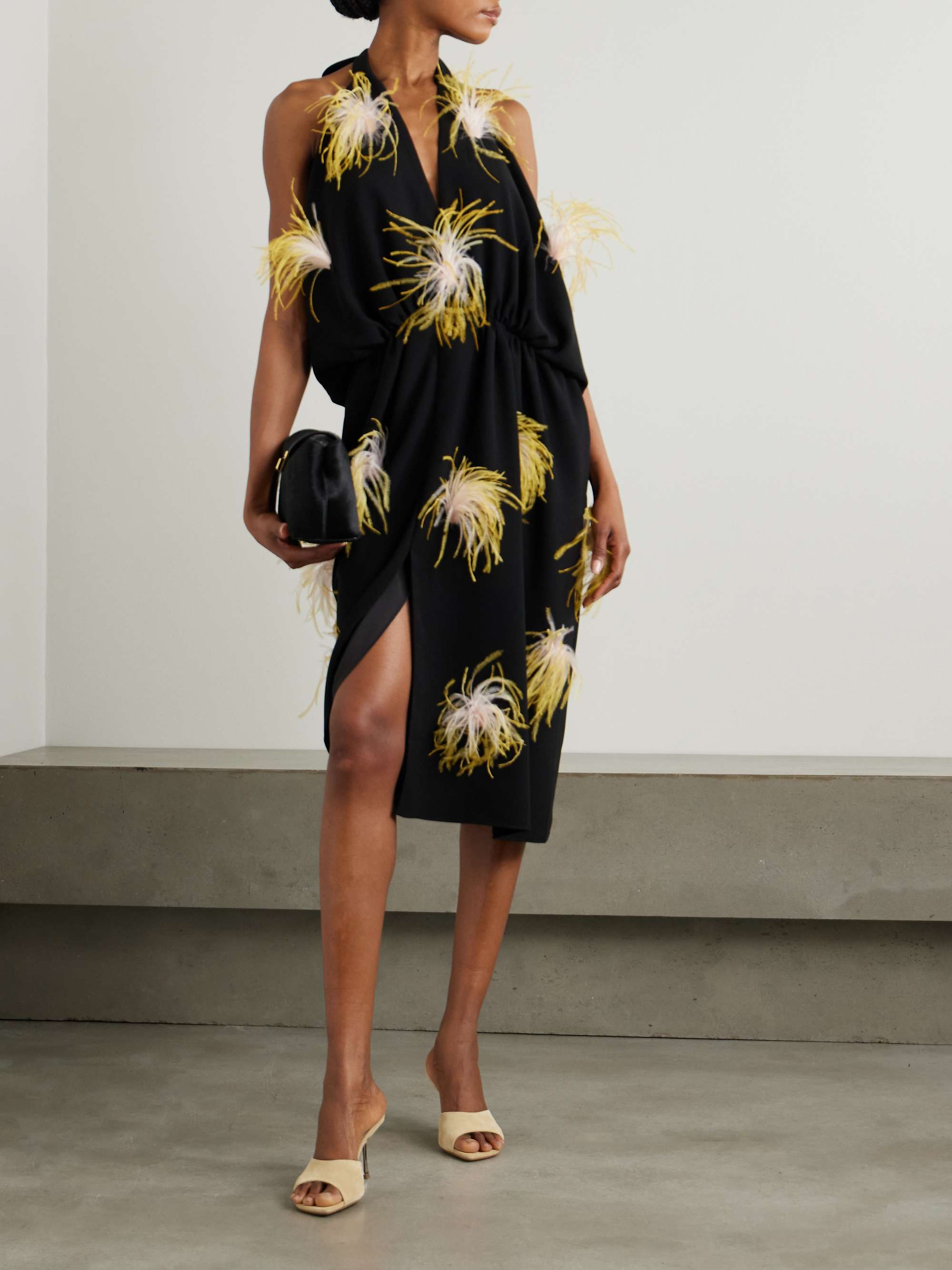 Vide asymmetric feather-trimmed gathered crepe halterneck dress view