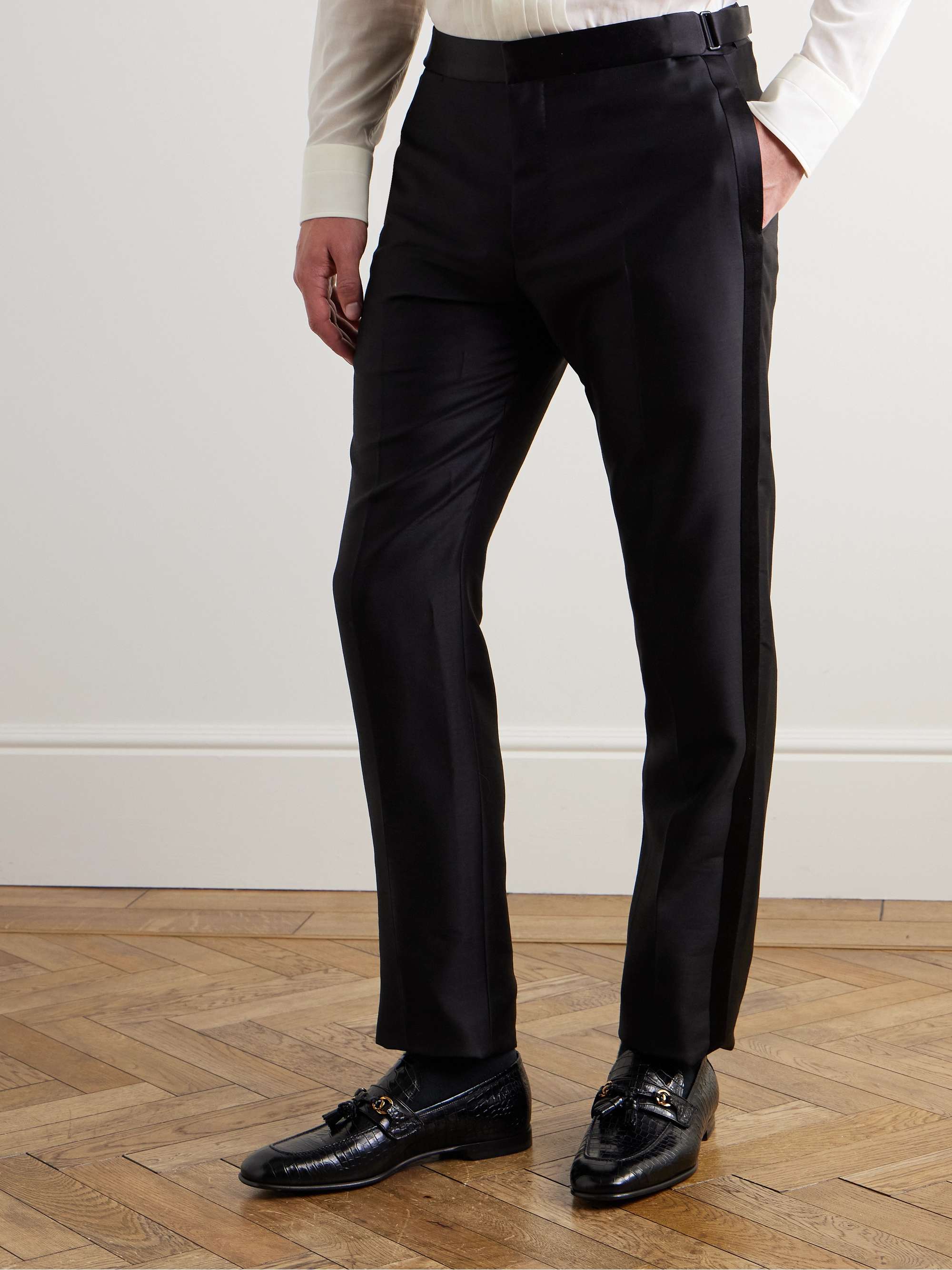Straight-Leg Satin-Trimmed Wool, Mohair and Silk-Blend Tuxedo Trousers view