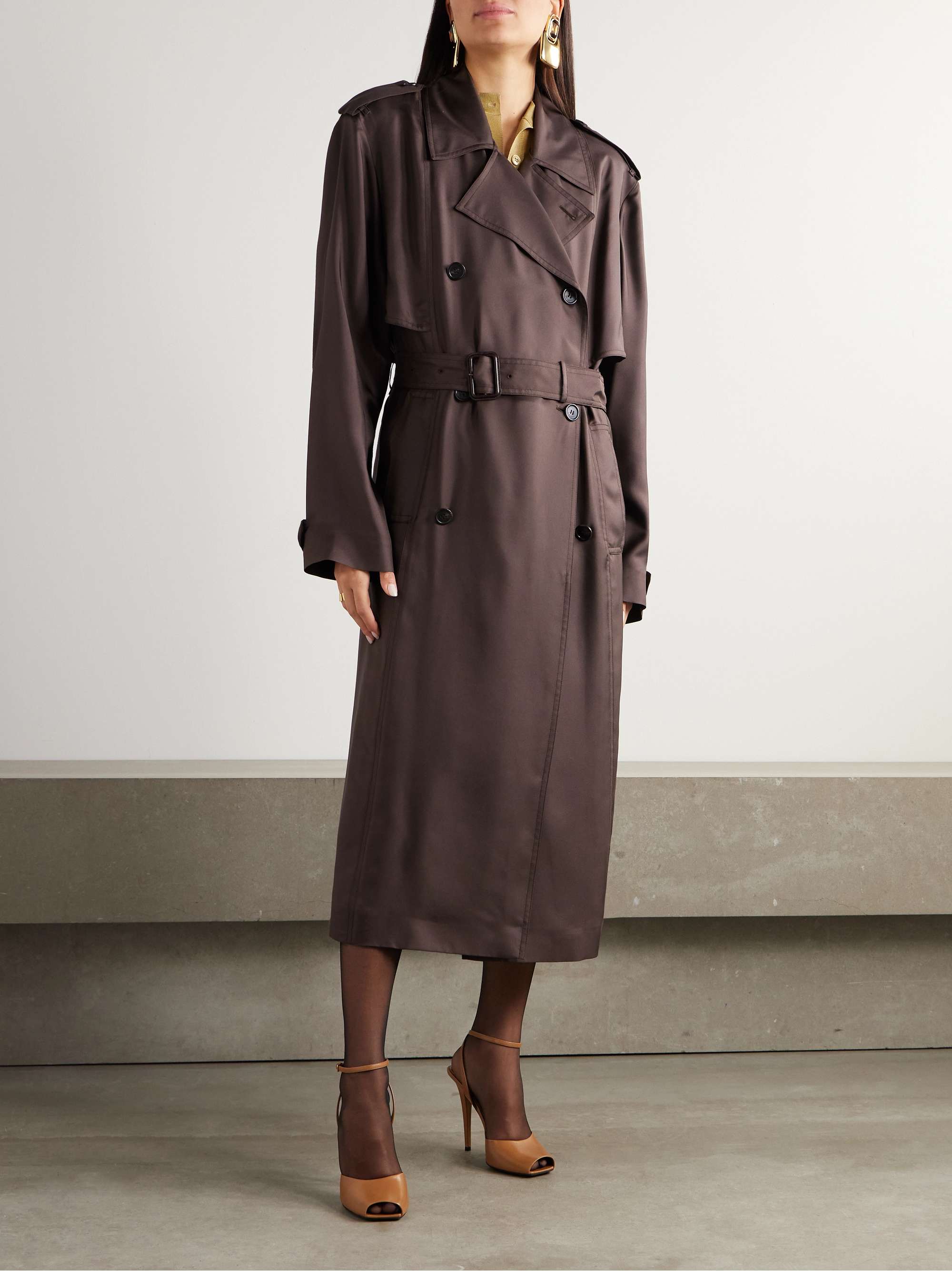 Double-breasted belted silk-twill trench coat view
