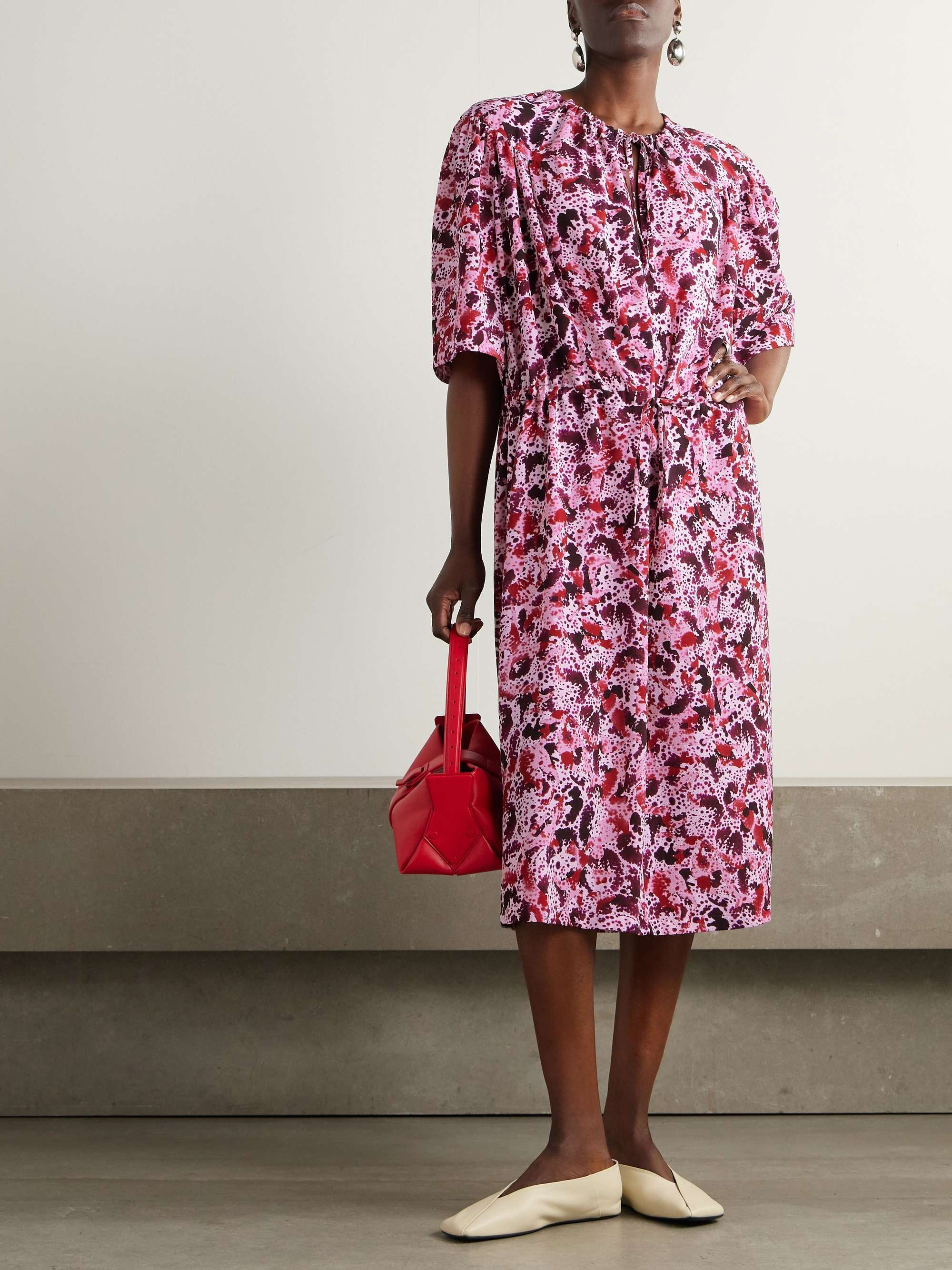 Gathered printed crepe midi dress view