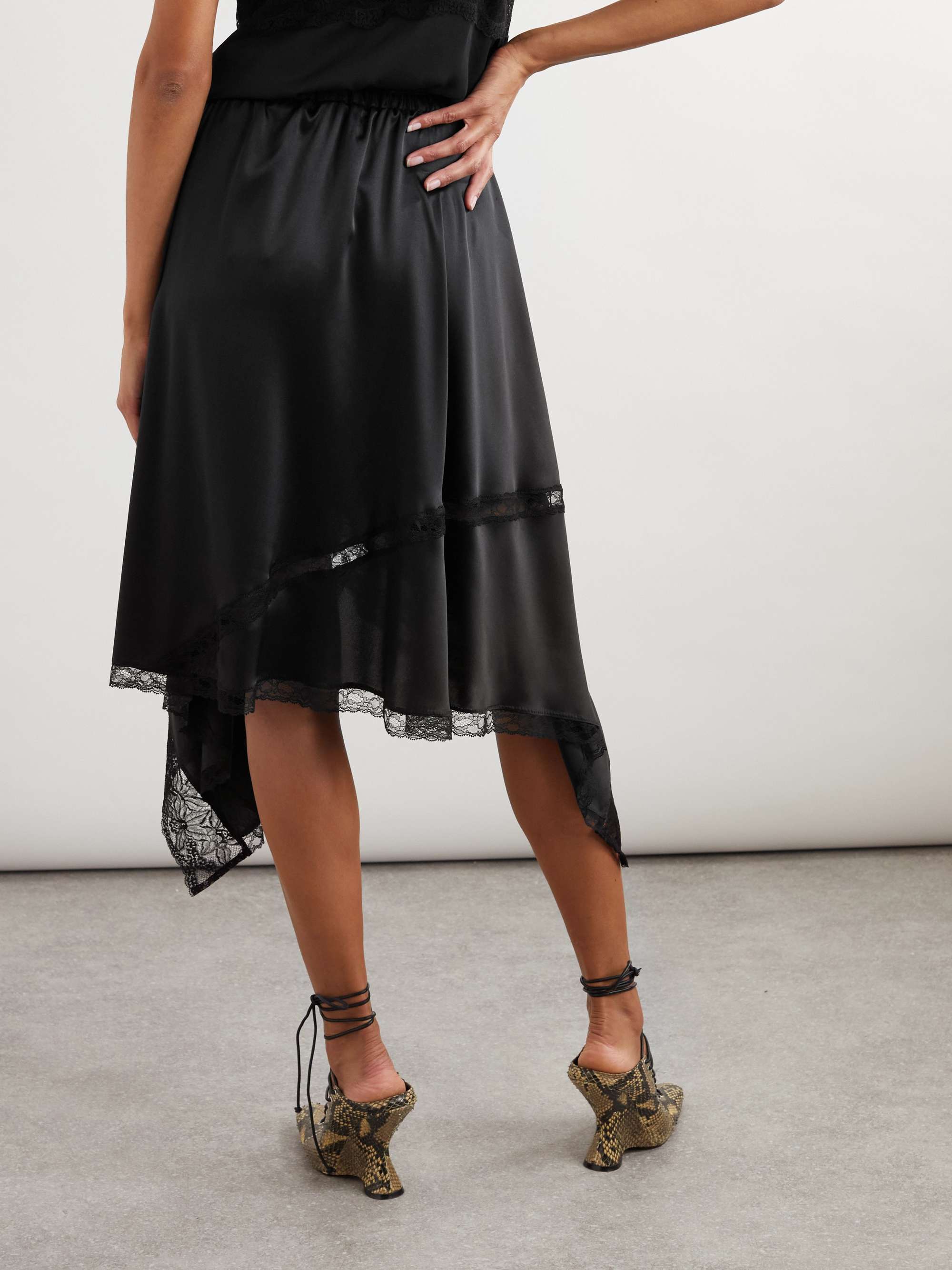 Asymmetric lace-trimmed silk-blend satin midi skirt view