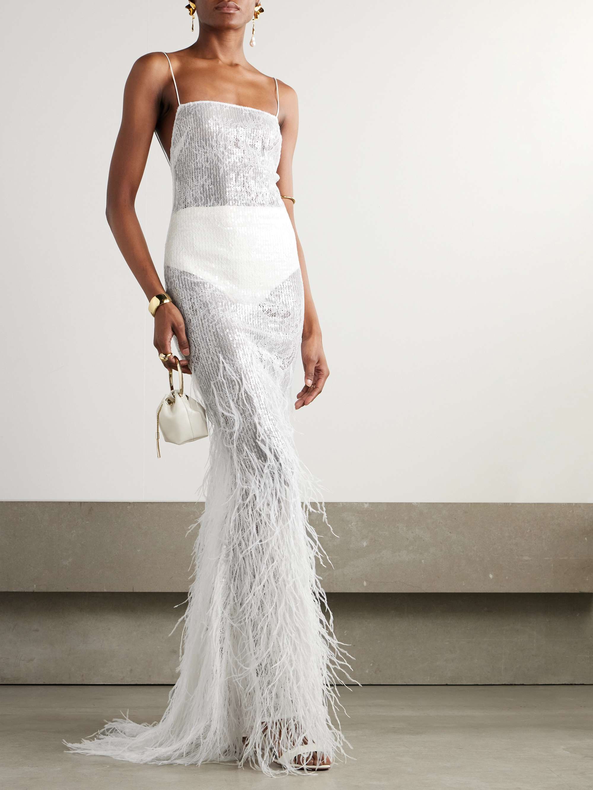 Odessa feather-trimmed sequined lace gown view