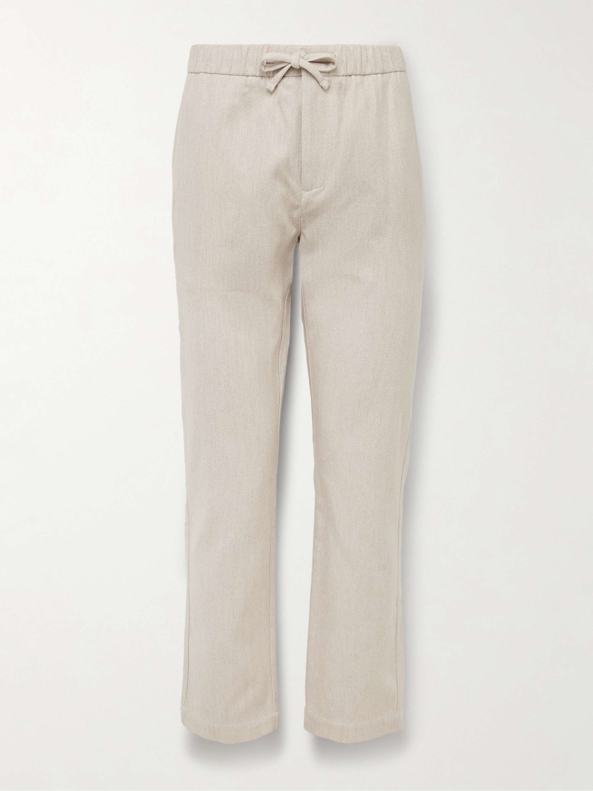 Oscar Straight-Leg Herringbone Cotton and Cashmere-Blend Drawstring Trousers hero visual