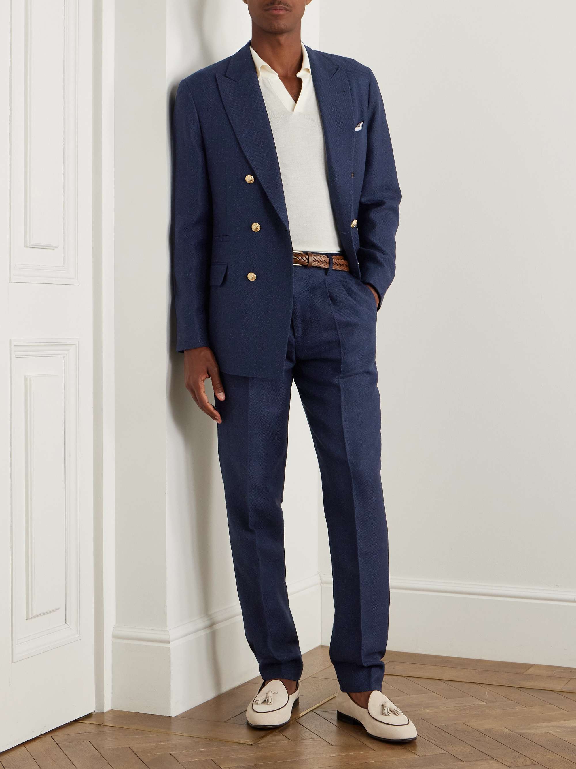 Tapered Pleated Striped Linen, Silk, Wool and Cotton-Blend Suit Trousers view