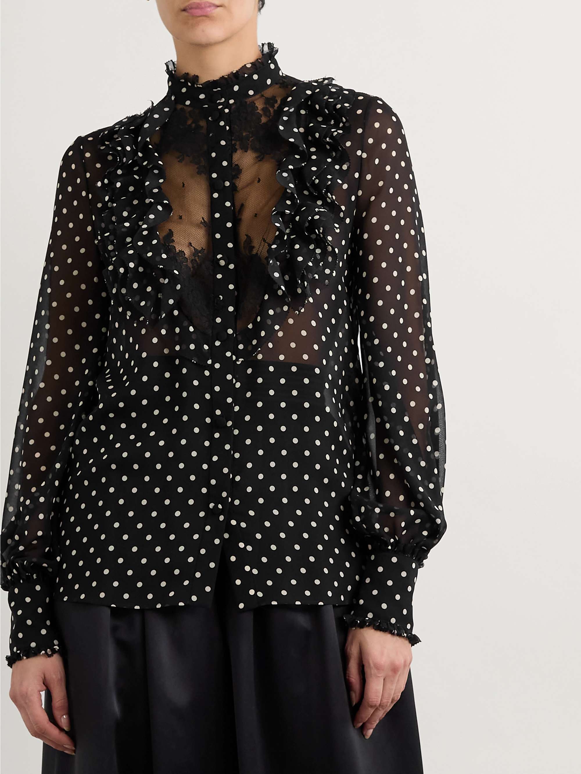 Ruffled lace-trimmed polka-dot silk-chiffon shirt view