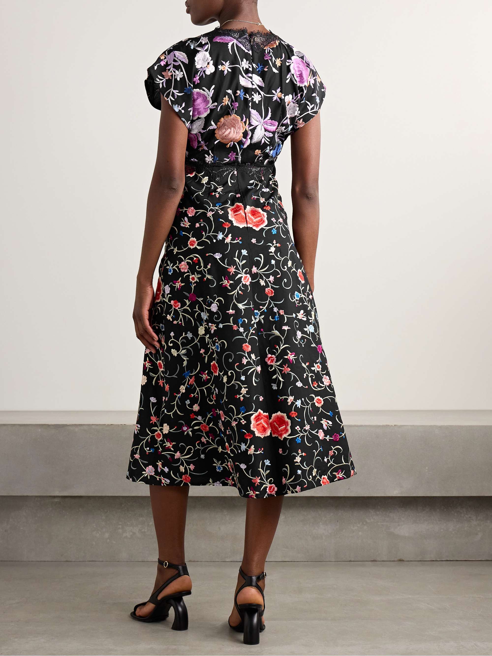 Priscilla lace-trimmed embroidered crepe midi dress view