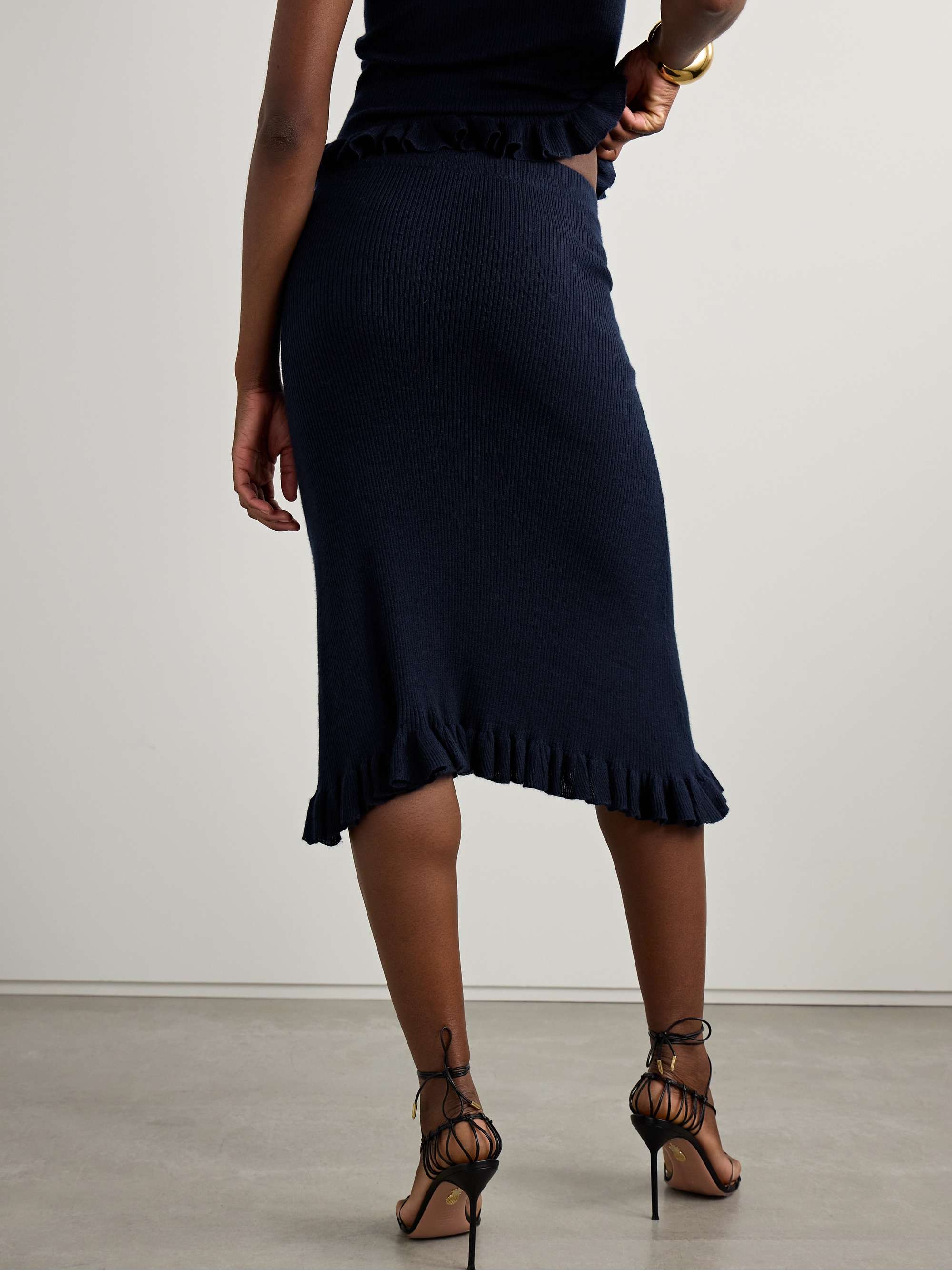 The Grace asymmetric ruffled ribbed cashmere midi skirt view