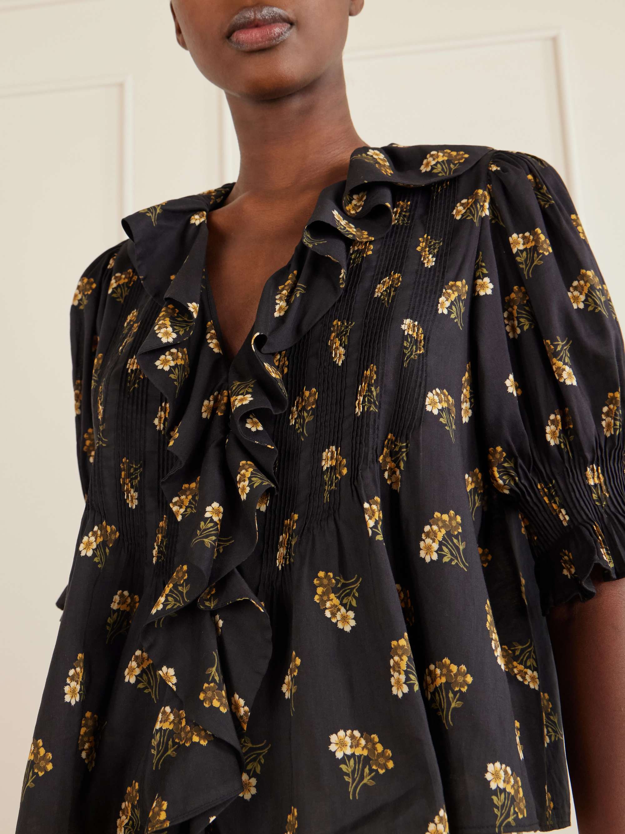 Henri ruffled pintucked floral-print organic cotton-blend voile top view